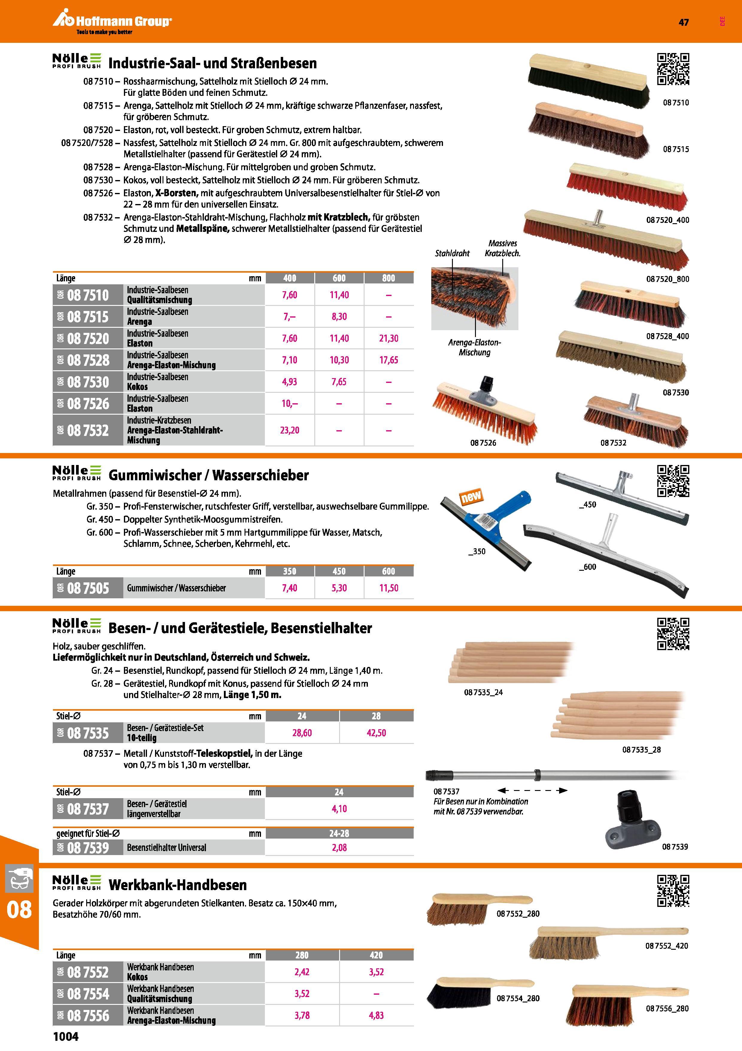 1004 Industrie-Saal- und Straßenbesen 087510- Rosshaarmischung, Sattelholz mit Stielloch 0 24 mm Für glatte Böden und feinen Schmutz 087515 - Arenga, Каталог HOFFMANN GROUP 2016 Ручной слесарно-монтажный и контрольно-измерительный инструмент и приборы для предприятий машиностроения и мастерских сервисного обслуживания 47 версия издания Стр. 1004 DEU