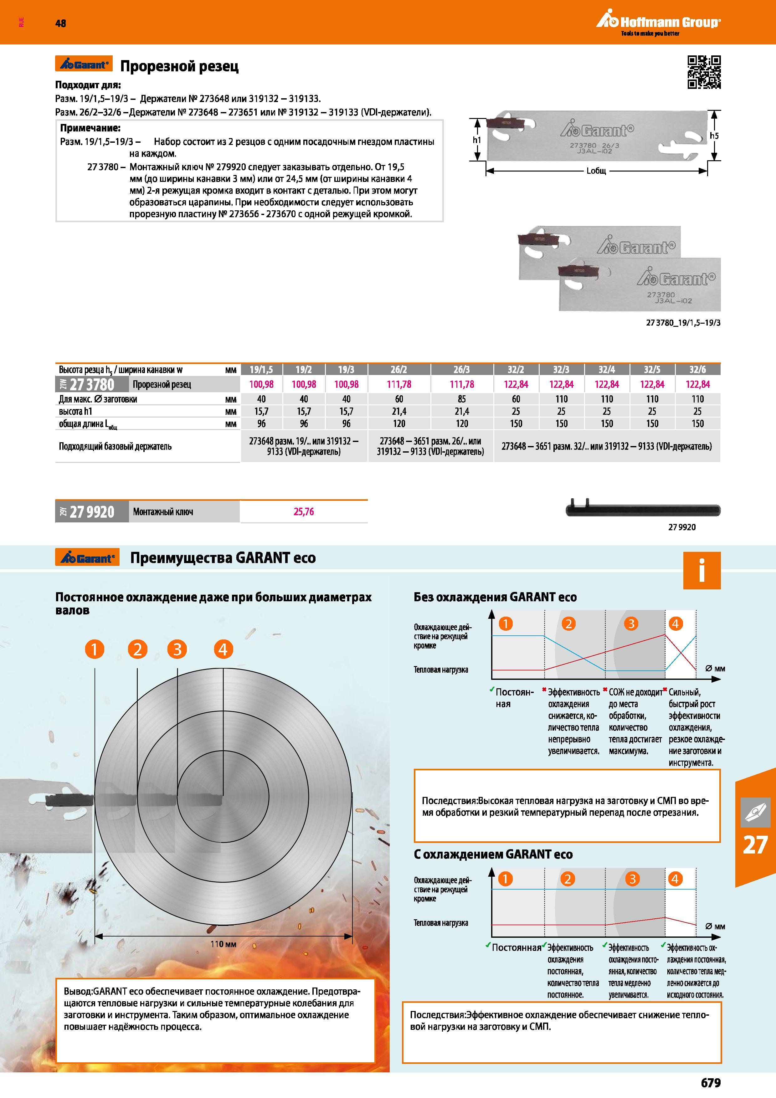679 48 Garant Прорезной резец Подходит для: Размер 19/1,5-19/3 - Держатели №273648 или 319132 - 319133 Размер 26/2-32/6 -Держатели № 273648 - 273651 или № Каталог HOFFMANN GROUP 2017 Инструмент режущий и вспомогательный для металлорежущих промышленных станков Резцы токарные Концевые твердосплавные фрезы Зажимные патроны Стр. 679