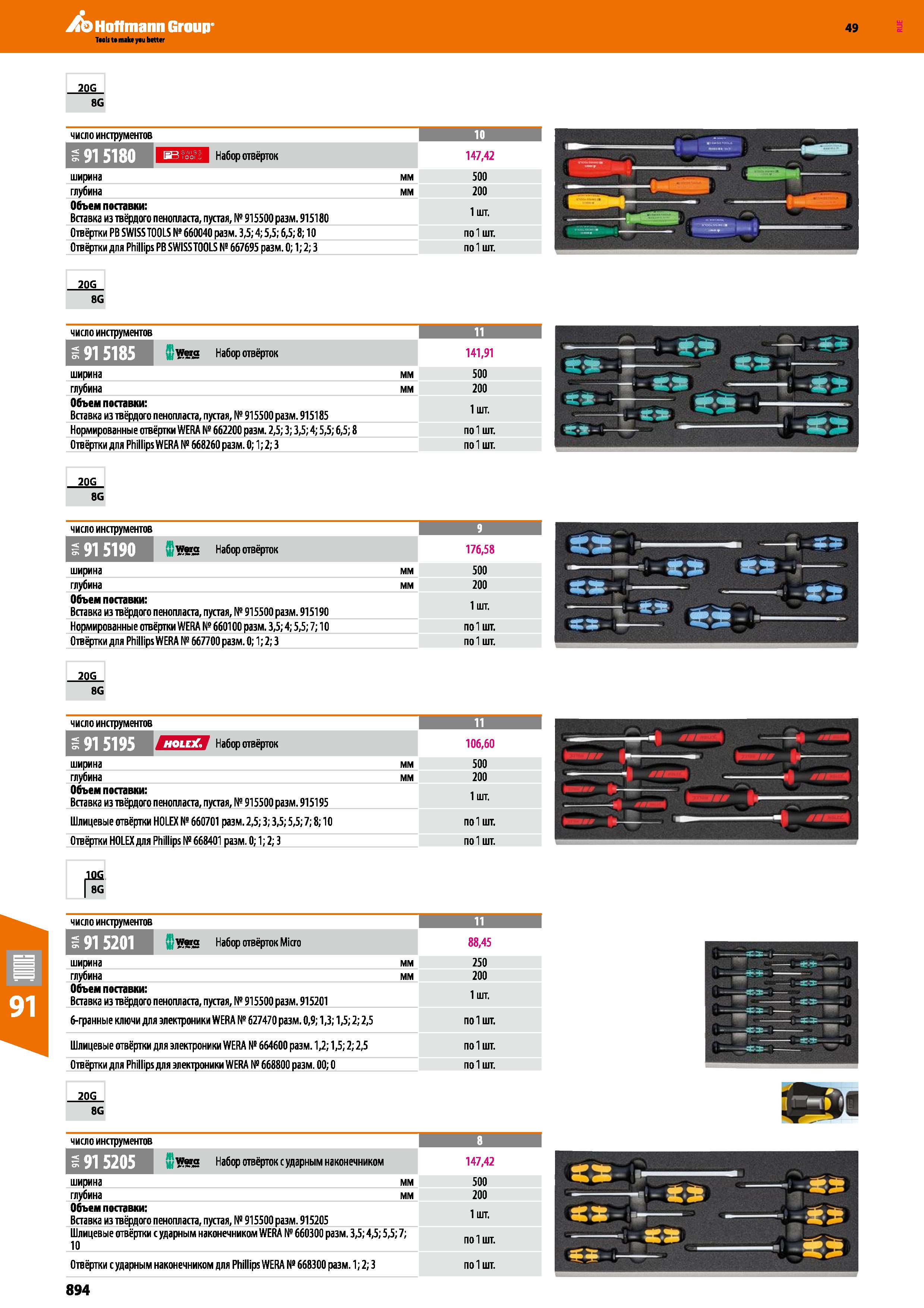 894 число инструментов 10 147,42 ширина мм 500 глубина мм 200 Объем поставки: Вставка из твёрдого пенопласта, пустая, № 915500 разм 915180 1 шт Каталог HOFFMANN GROUP 2018 Инструмент ручной Слесарный и механизированный Измерительные приборы и инструменты Производственный инвентарь Стр. 894