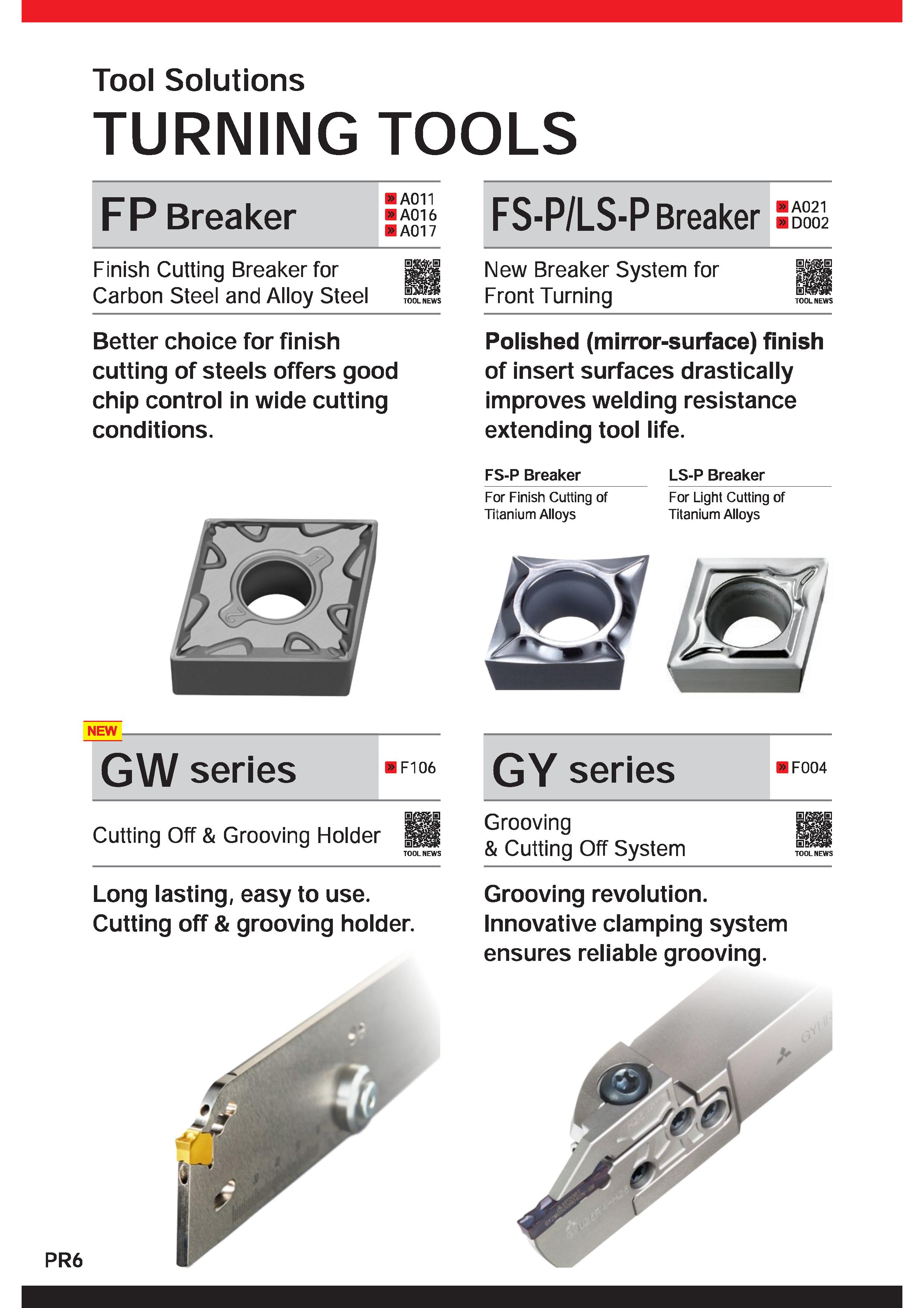 8 Tool Solutions TURNING TOOLS Better choice for finish cutting of steels offers good chip control in wide cutting conditions FP Breaker A011 A016 Каталог MITSUBISHI 2020 Режущий инструмент для станков по металлу Фрезы концевые монолитные из твердого сплава и сборные со сменными режущими пластинами Резцы Сверла Стр. PR6