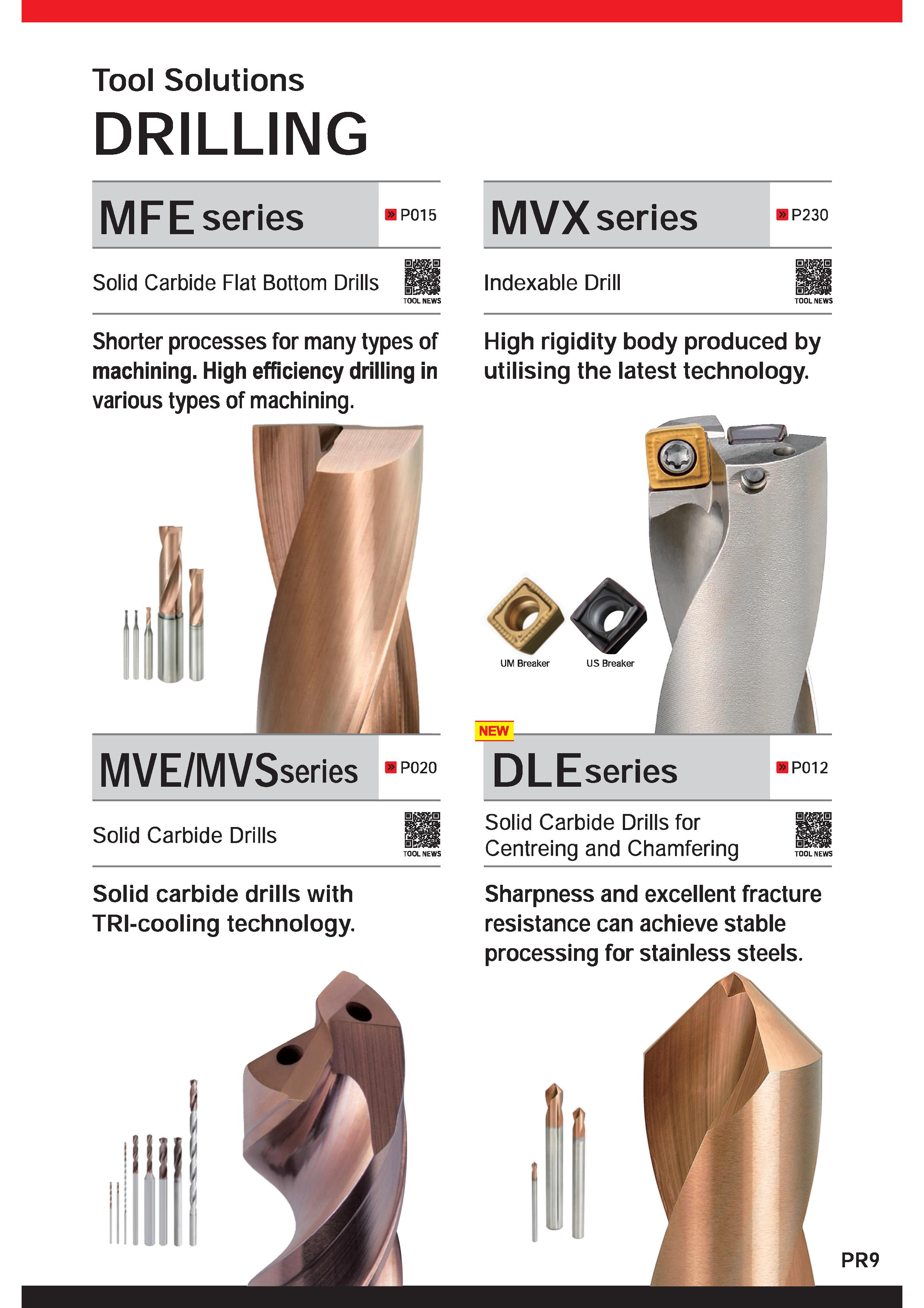 11 Tool Solutions DRILLING Solid Carbide Flat Bottom Drills TOOL NEWS Indexable Drill High rigidity body produced by utilising the latest technology Каталог MITSUBISHI 2020 Режущий инструмент для станков по металлу Фрезы концевые монолитные из твердого сплава и сборные со сменными режущими пластинами Резцы Сверла Стр. PR9
