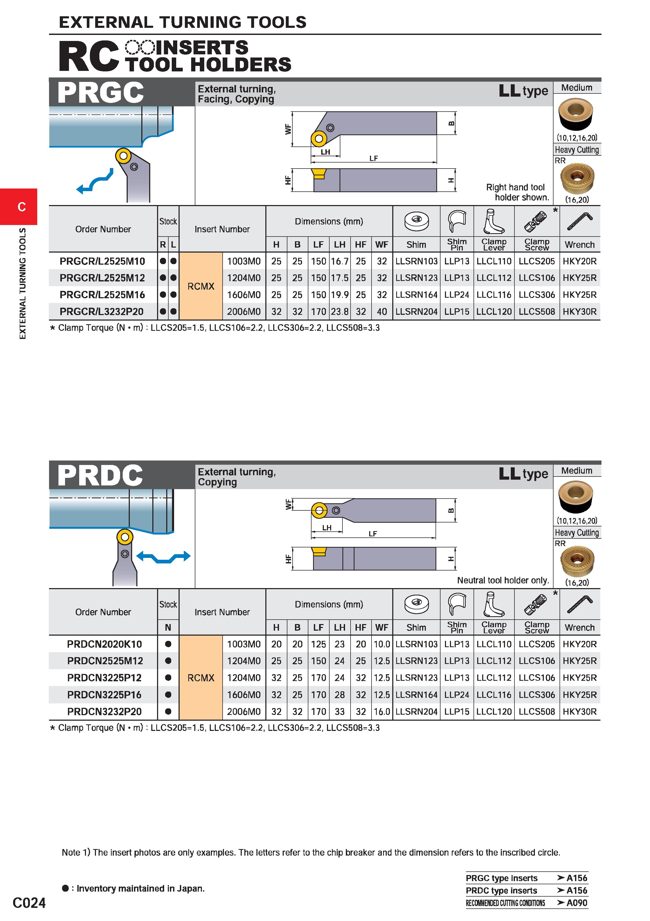 336 EXTERNAL TURNING TOOLS EXTERNAL TURNING TOOLS c C024 : V RC PRGC INSERTS TOOL HOLDERS External turning, Facing, Copying LLtype / m LH LF T Right Каталог MITSUBISHI 2020 Режущий инструмент для станков по металлу Фрезы концевые монолитные из твердого сплава и сборные со сменными режущими пластинами Резцы Сверла Стр. C024