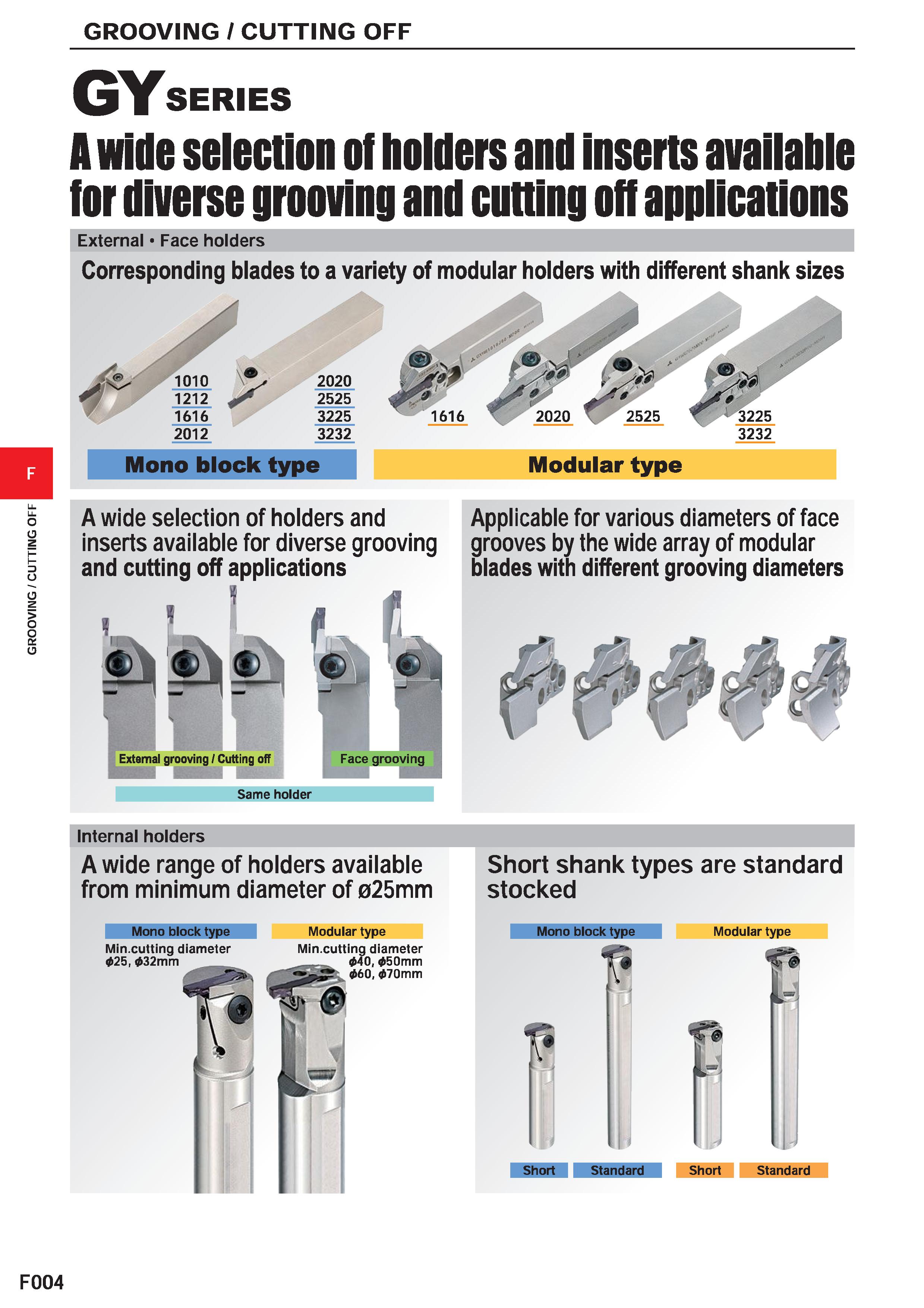 428 GROOVING / CUTTING OFF GROOVING / CUTTING OFF Mono block type A wide selection of holders and inserts available for diverse grooving and cutting Каталог MITSUBISHI 2020 Режущий инструмент для станков по металлу Фрезы концевые монолитные из твердого сплава и сборные со сменными режущими пластинами Резцы Сверла Стр. F004