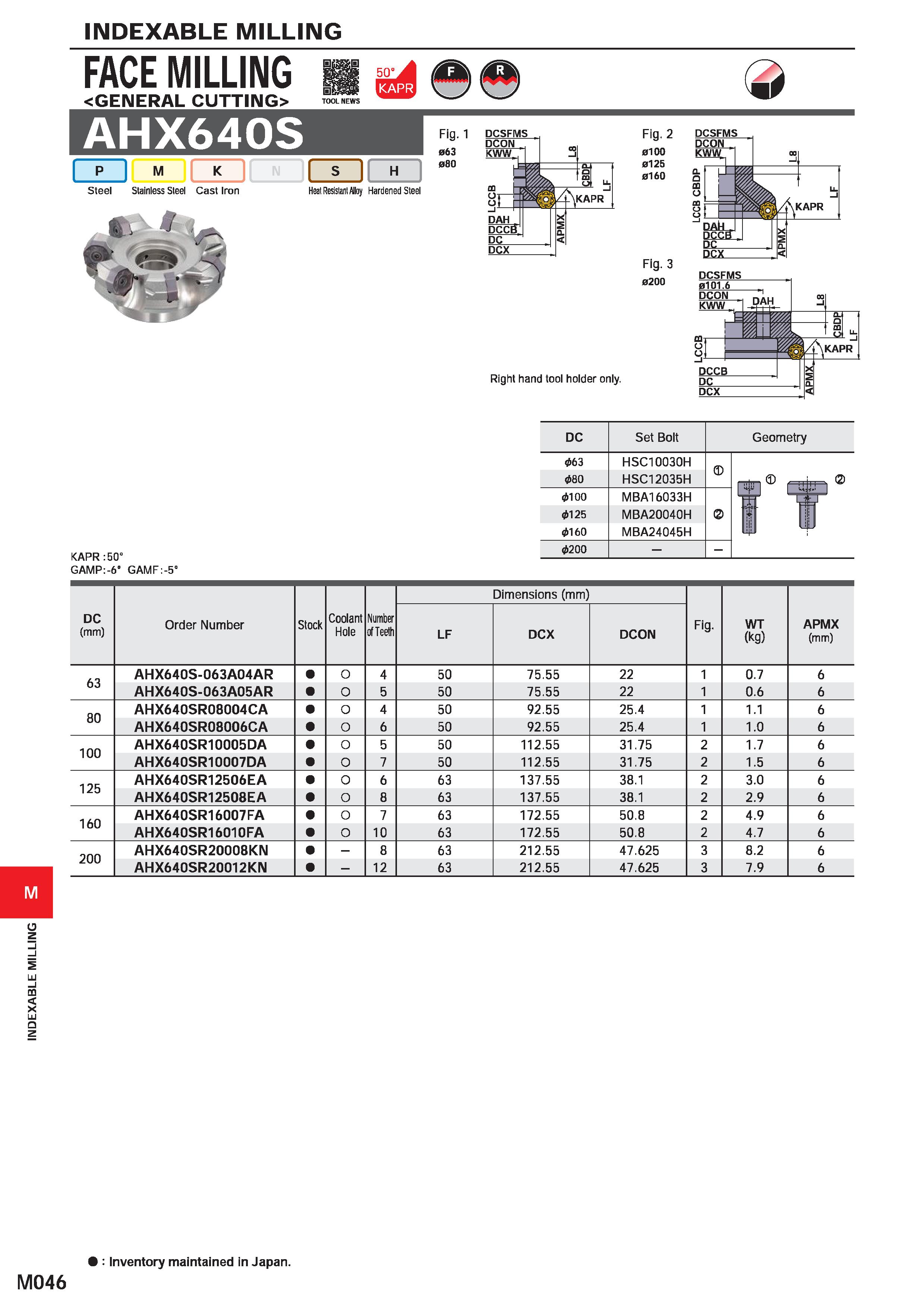 1202 INDEXABLE MILLING INDEXABLE MILLING FACE MILLING GENERAL CUTTING> AHX640S I p I M ( Steel Stainless Steel Cast Iron H 063 080 Heat Resistant Allo Каталог MITSUBISHI 2020 Режущий инструмент для станков по металлу Фрезы концевые монолитные из твердого сплава и сборные со сменными режущими пластинами Резцы Сверла Стр. M046