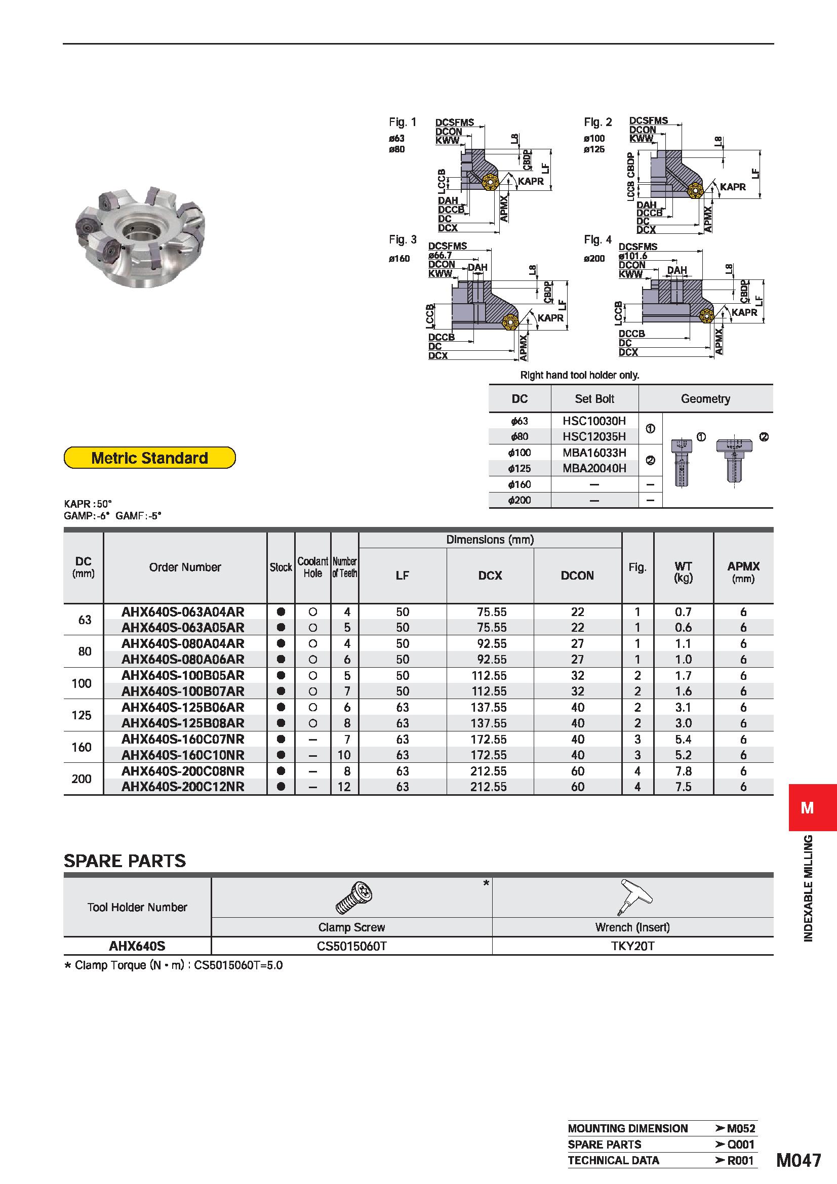 1203 Fig 1 DCSFMS , Fig 2 0100 0125 DCSFMS Fig 4 0200 Right hand tool holder only ( Metric Standard j KAPR: 50° GAMP:-6 GAMF:-5 DC Set Bolt Geometry 6 Каталог MITSUBISHI 2020 Режущий инструмент для станков по металлу Фрезы концевые монолитные из твердого сплава и сборные со сменными режущими пластинами Резцы Сверла Стр. M047