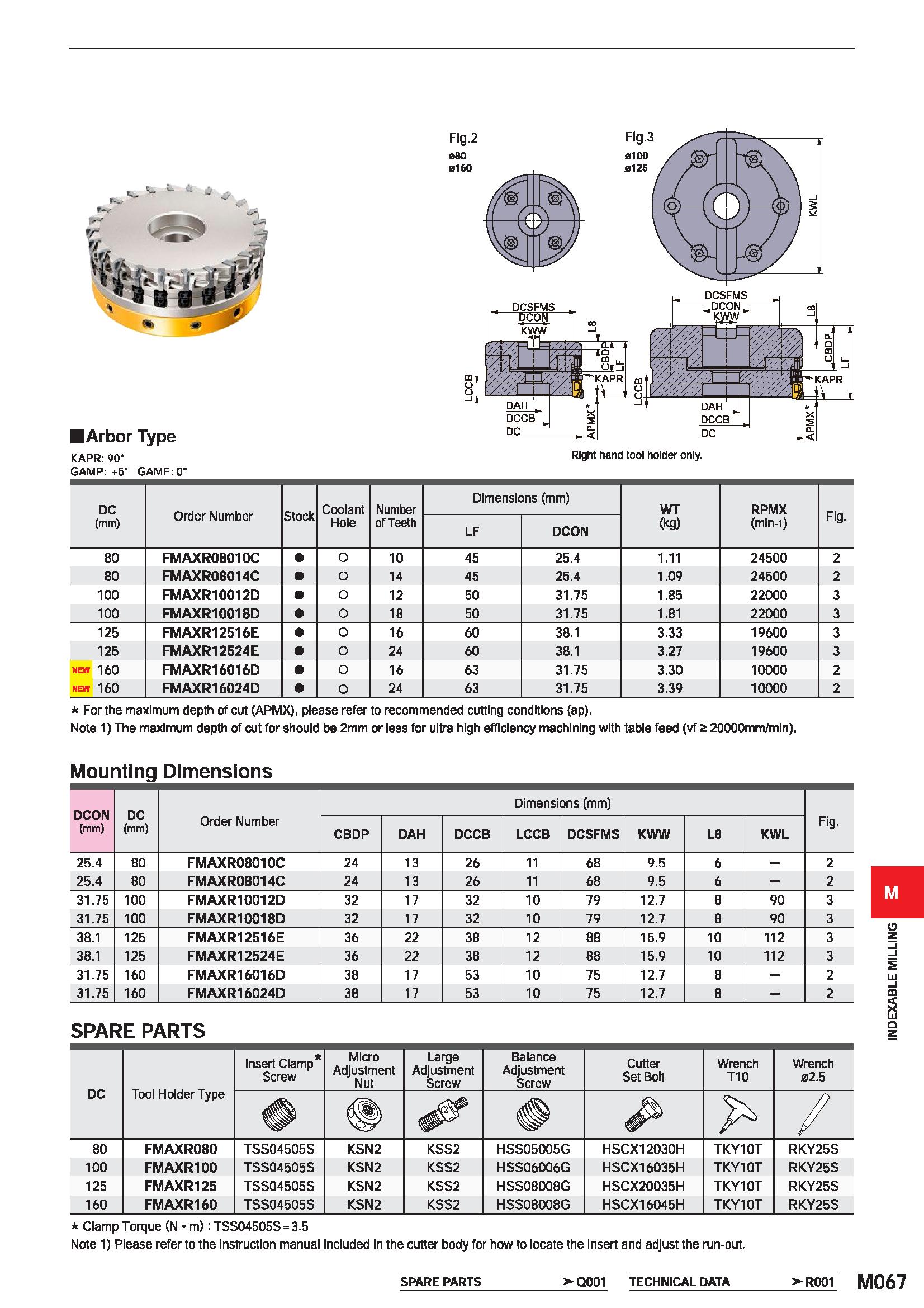 1223 GAMP: +5° GAMF: 0 DC (mm) Order Number Stock Coolant Hole Number of Teeth Dimensions (mm) WT (kg) RPMX (min-i) Fig LF DCON 80 FMAXR08010C O 10 45 Каталог MITSUBISHI 2020 Режущий инструмент для станков по металлу Фрезы концевые монолитные из твердого сплава и сборные со сменными режущими пластинами Резцы Сверла Стр. M067