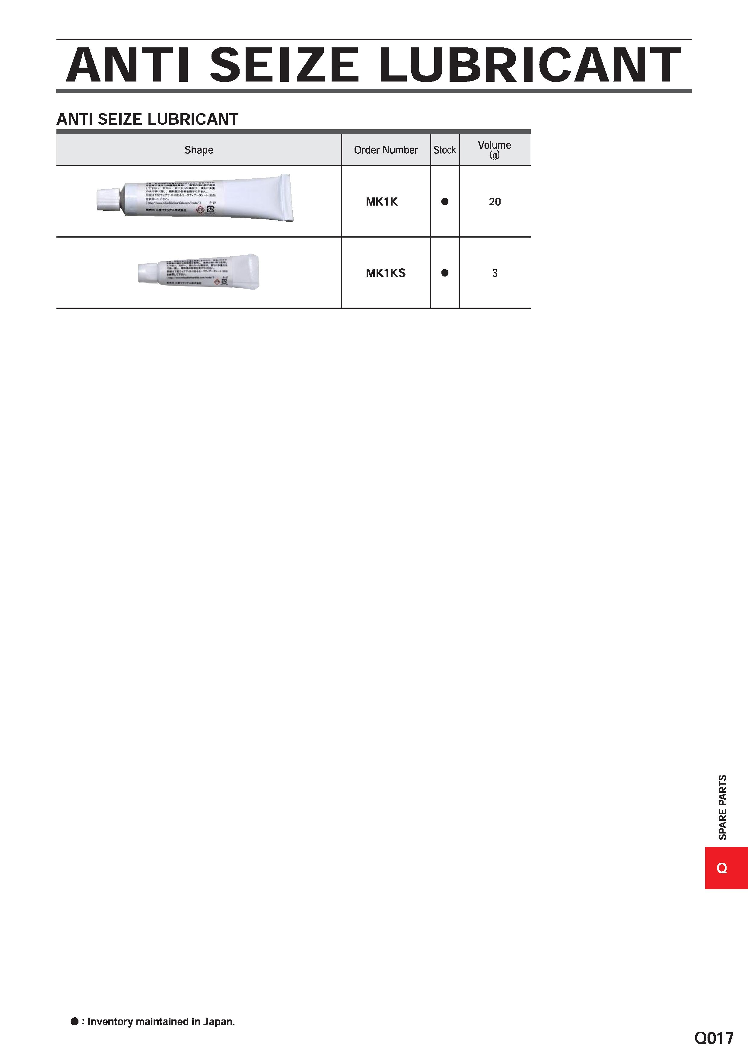1725 ANTI SEIZE LUBRICANT ANTI SEIZE LUBRICANT Shape Order IMumber Stock Volume (g) MK1K 20 Hri'Sr'ESlsTSiS 5wsr “ MK1KS 3 Q : Inventory maintained in Каталог MITSUBISHI 2020 Режущий инструмент для станков по металлу Фрезы концевые монолитные из твердого сплава и сборные со сменными режущими пластинами Резцы Сверла Стр. Q017