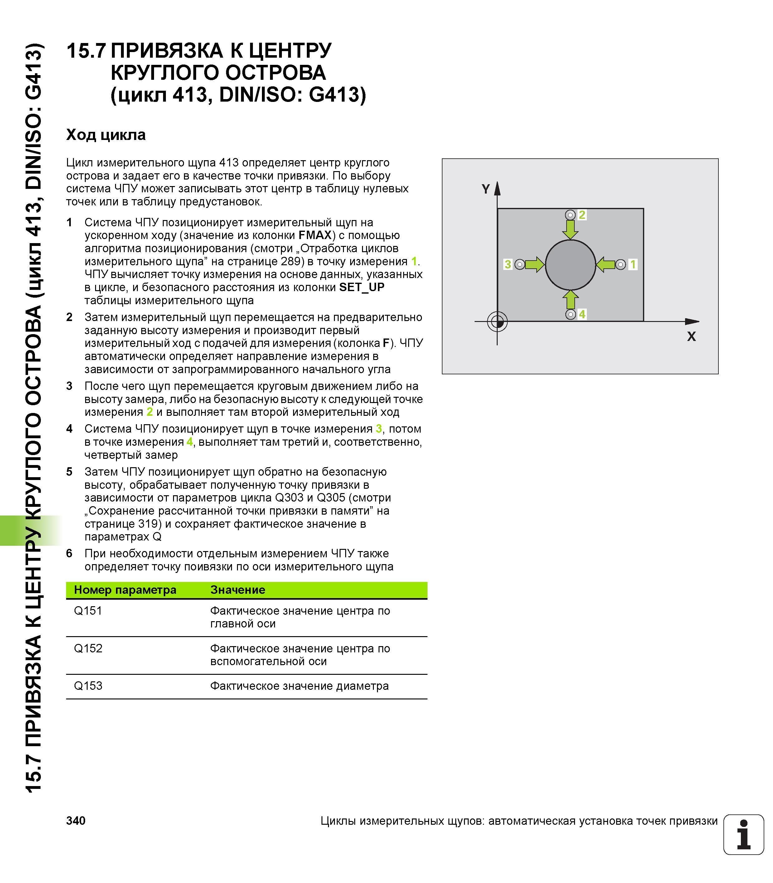 340 15 7 ПРИВЯЗКА К ЦЕНТРУ КРУГЛОГО ОСТРОВА (цикл 413, DIN/ISO G413) 15 7 ПРИВЯЗКА К ЦЕНТРУ КРУГЛОГО ОСТРОВА (цикл 413, DIN/ISO G413) Ход цикла Цикл Руководство пользователя HEIDENHAIN TNC 620 Программирование циклов систем числового программного управления станочного металлообрабатывающего оборудования 2011 Стр. 340