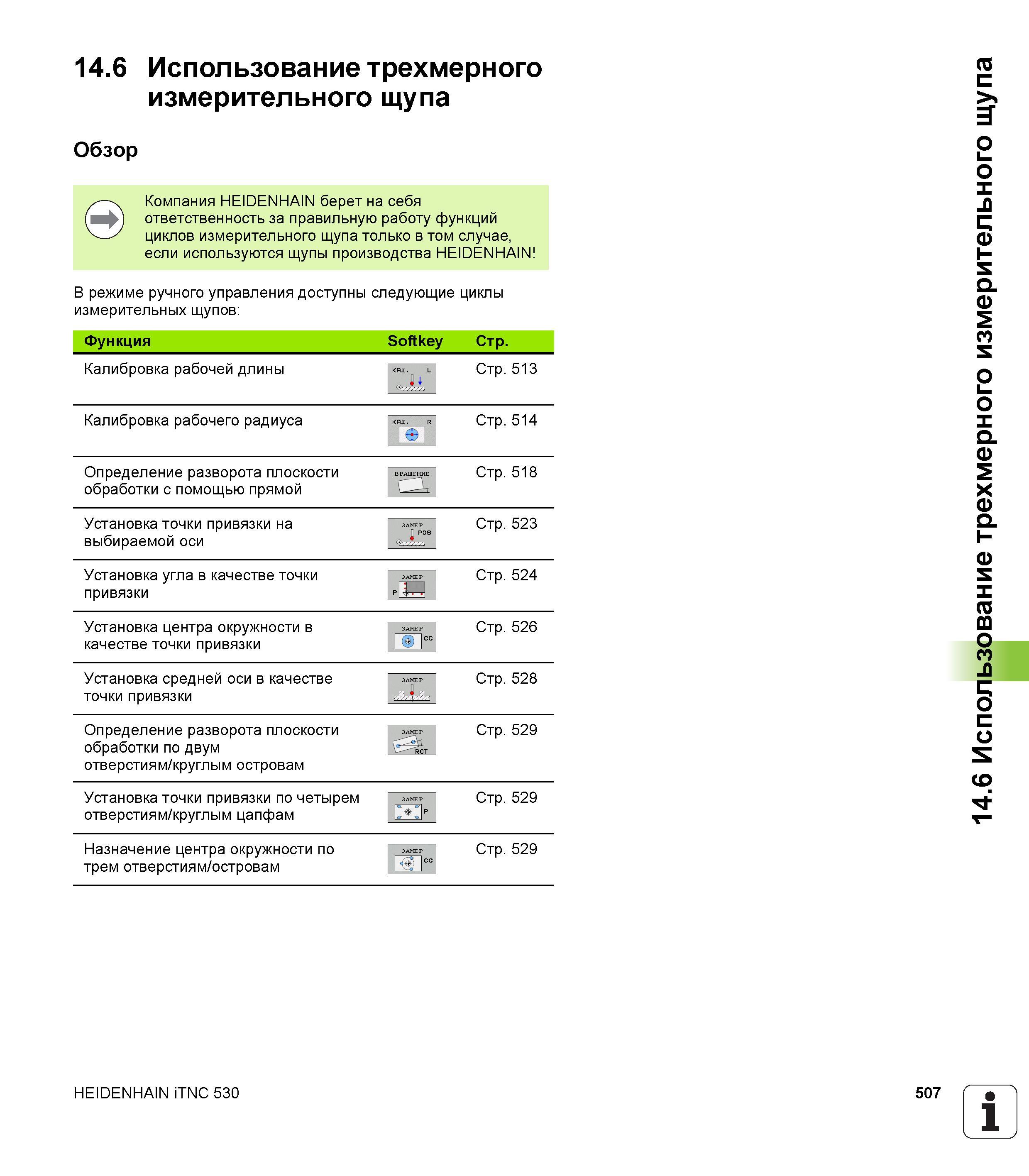 507 14 6 Использование трехмерного измерительного щупа Обзор Компания HEIDENHAIN берет на себя ответственность за правильную работу функций циклов из Руководство пользователя HEIDENHAIN iTNC 530 Программирование DIN ISO систем числового программного управления оборудованием Версия 2012 года Стр. 507