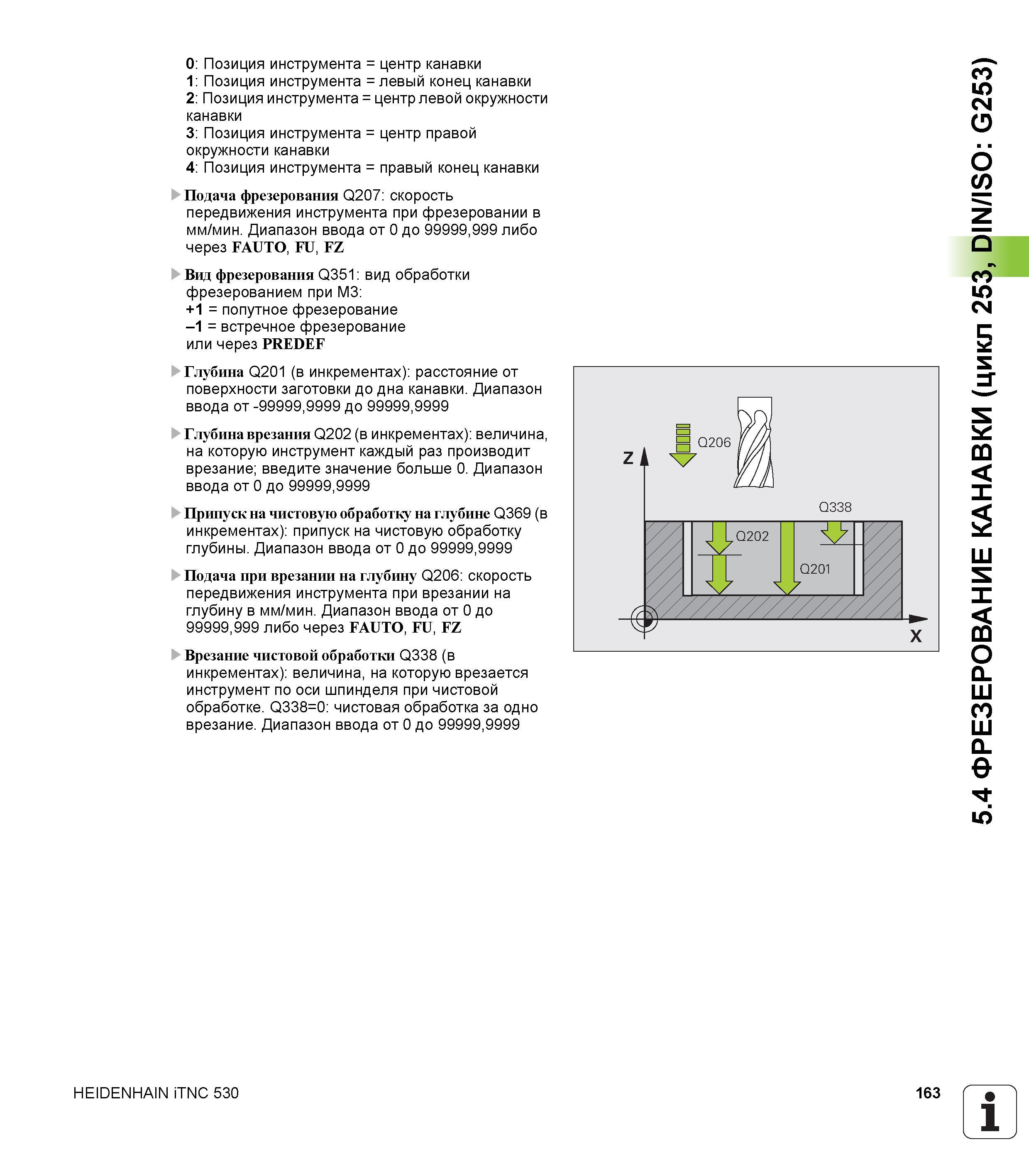163 0 Позиция инструмента = центр канавки 1 Позиция инструмента = левый конец канавки 2 Позиция инструмента = центр левой окружности канавки 3 Позици Руководство пользователя HEIDENHAIN iTNC 530 Программирование циклов систем числового программного управления оборудованием Версия 2012 года Стр. 163
