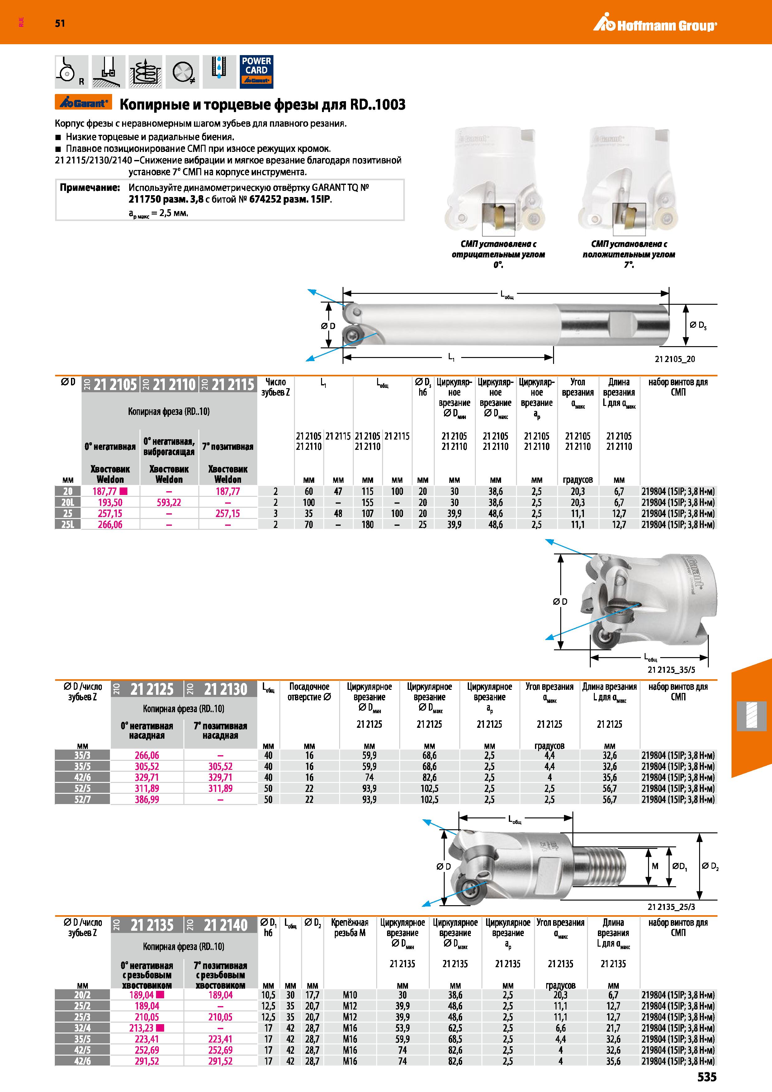 535 Hoffmann Group 51 Sealant- Копирные и торцевые фрезы для RD 1003 Корпус фрезы с неравномерным шагом зубьев для плавного резания Низкие торцевые и Каталог HOFFMANN GROUP 2020 Режущий и вспомогательный инструмент для металлорежущих станков с ЧПУ и универсальных Сверла Фрезы Метчики Резцы Развертки Оснастка инструментальная Стр. 535