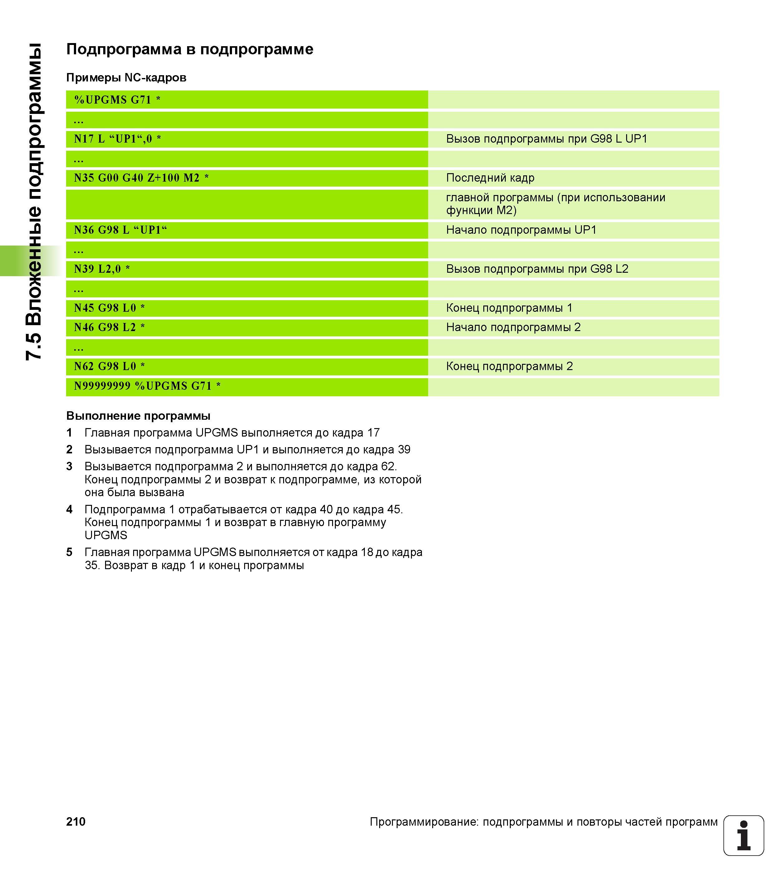 210 Вложенные подпрограммы Подпрограмма в подпрограмме Примеры NC-кадров %UPGMS G71 N17 L UP10 Вызов подпрограммы при G98 L UP1 N35 G00 G40 Z+10 Руководство HEIDENHAIN 2012 Пользователя по DIN ISO программированию стойки TNC 620 для металлообрабатывающего оборудования Стр. 210