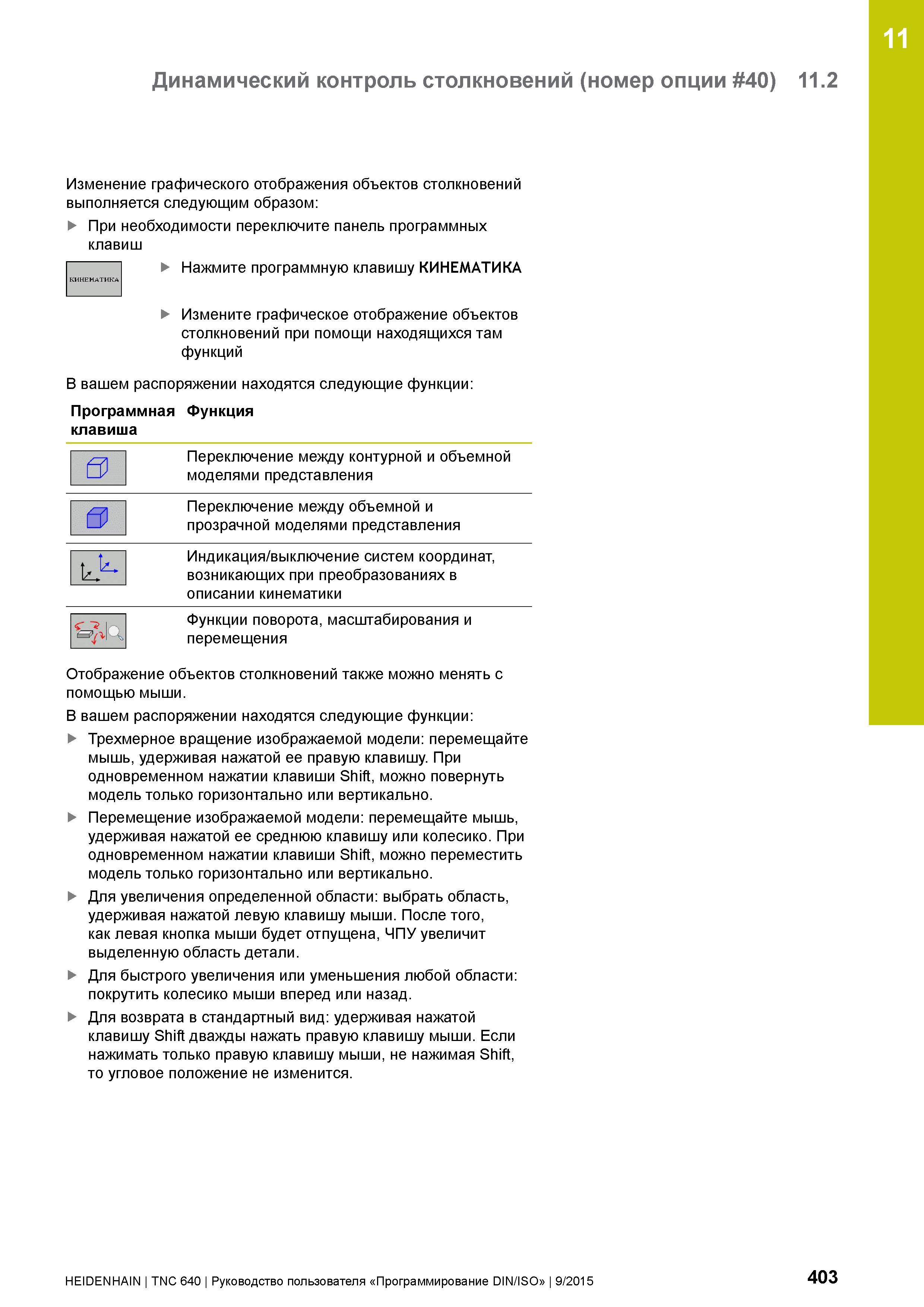 403 11 Динамический контроль столкновений (номер опции 40) 11 2 Изменение графического отображения объектов столкновений выполняется следующим образо Руководство пользователя HEIDENHAIN 2015 TNC 640 Программирование DIN ISO для металлорежущих станков Версия ПО ЧПУ 340590-06 340591-06 340595-06 Стр. 403