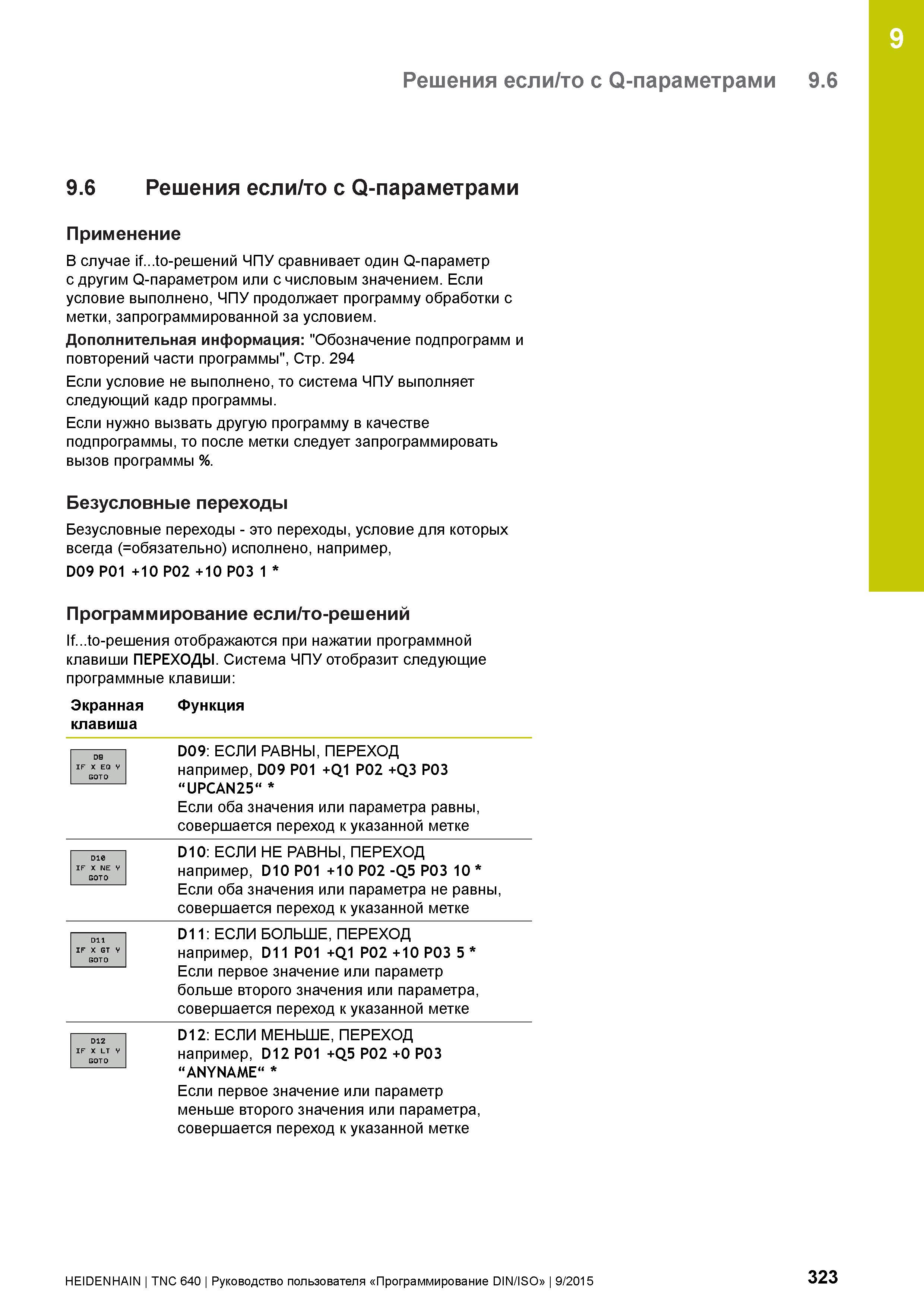 323 9 Решения если/то с Q-параметрами 9 6 9 6 Решения если/то с Q-параметрами Применение В случае if to-решений ЧПУ сравнивает один Q-параметр с друг Руководство пользователя HEIDENHAIN 2015 TNC 640 Программирование DIN ISO для металлорежущих станков Версия ПО ЧПУ 340590-06 340591-06 340595-06 Стр. 323
