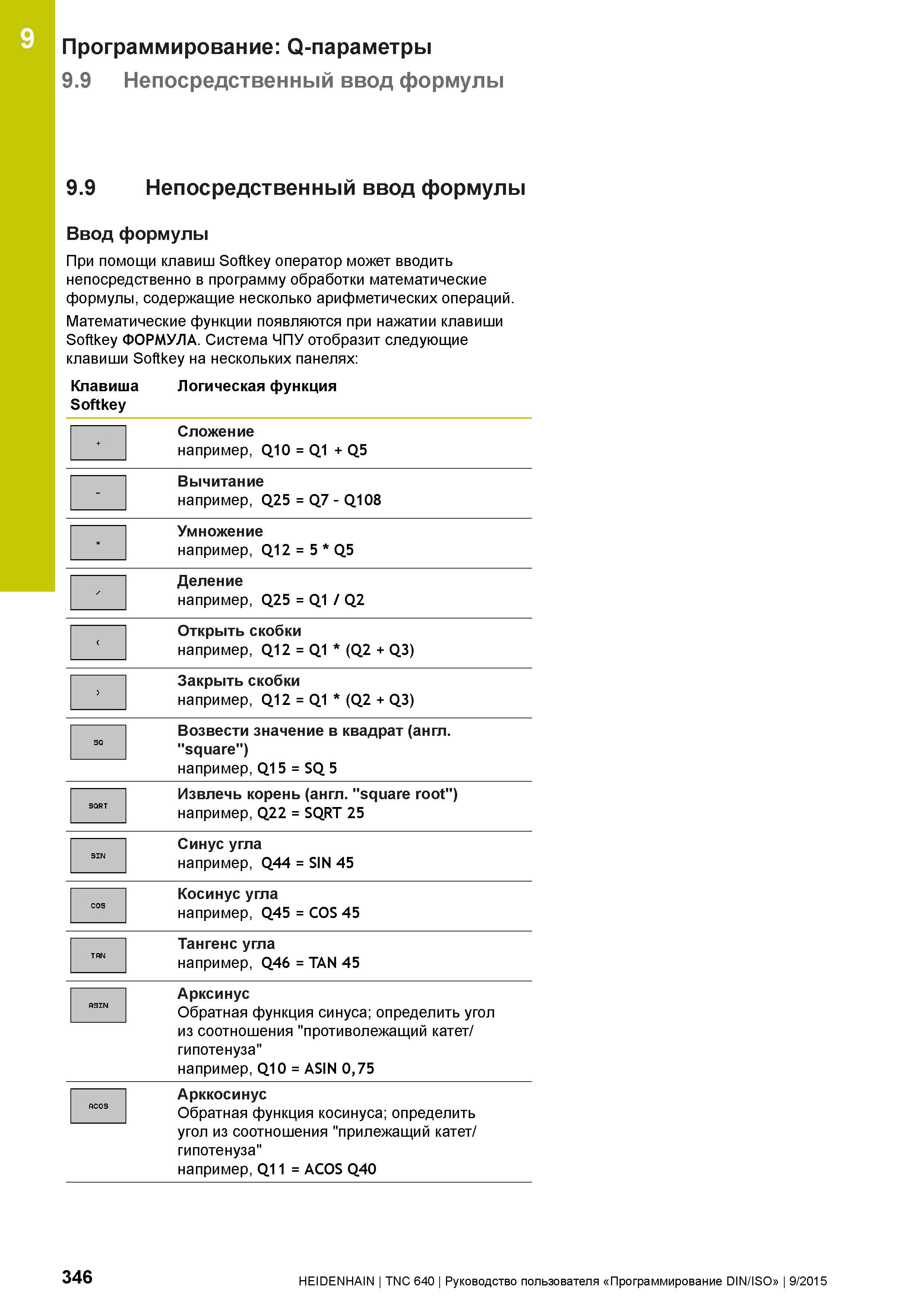 346 9 Программирование: Q-параметры 9 9 Непосредственный ввод формулы 9 9 Непосредственный ввод формулы Ввод формулы При помощи клавиш Softkey операт Руководство пользователя HEIDENHAIN 2015 TNC 640 Программирование DIN ISO для металлорежущих станков Версия ПО ЧПУ 340590-06 340591-06 340595-06 Стр. 346