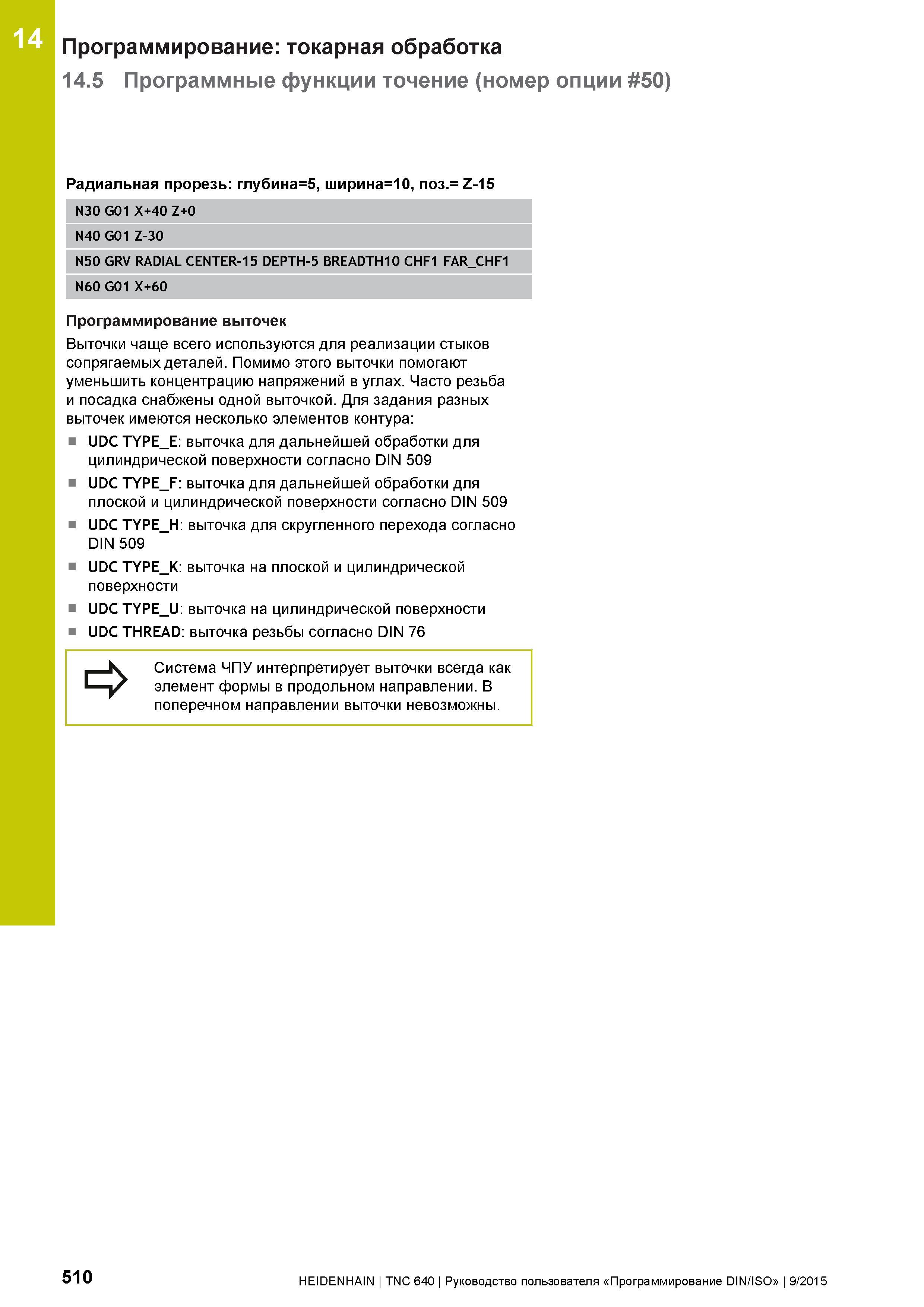 510 14 Программирование: токарная обработка 14 5 Программные функции точение (номер опции 50) Радиальная прорезь: глубина=5, ширина=10, поз = Z-15 N3 Руководство пользователя HEIDENHAIN 2015 TNC 640 Программирование DIN ISO для металлорежущих станков Версия ПО ЧПУ 340590-06 340591-06 340595-06 Стр. 510