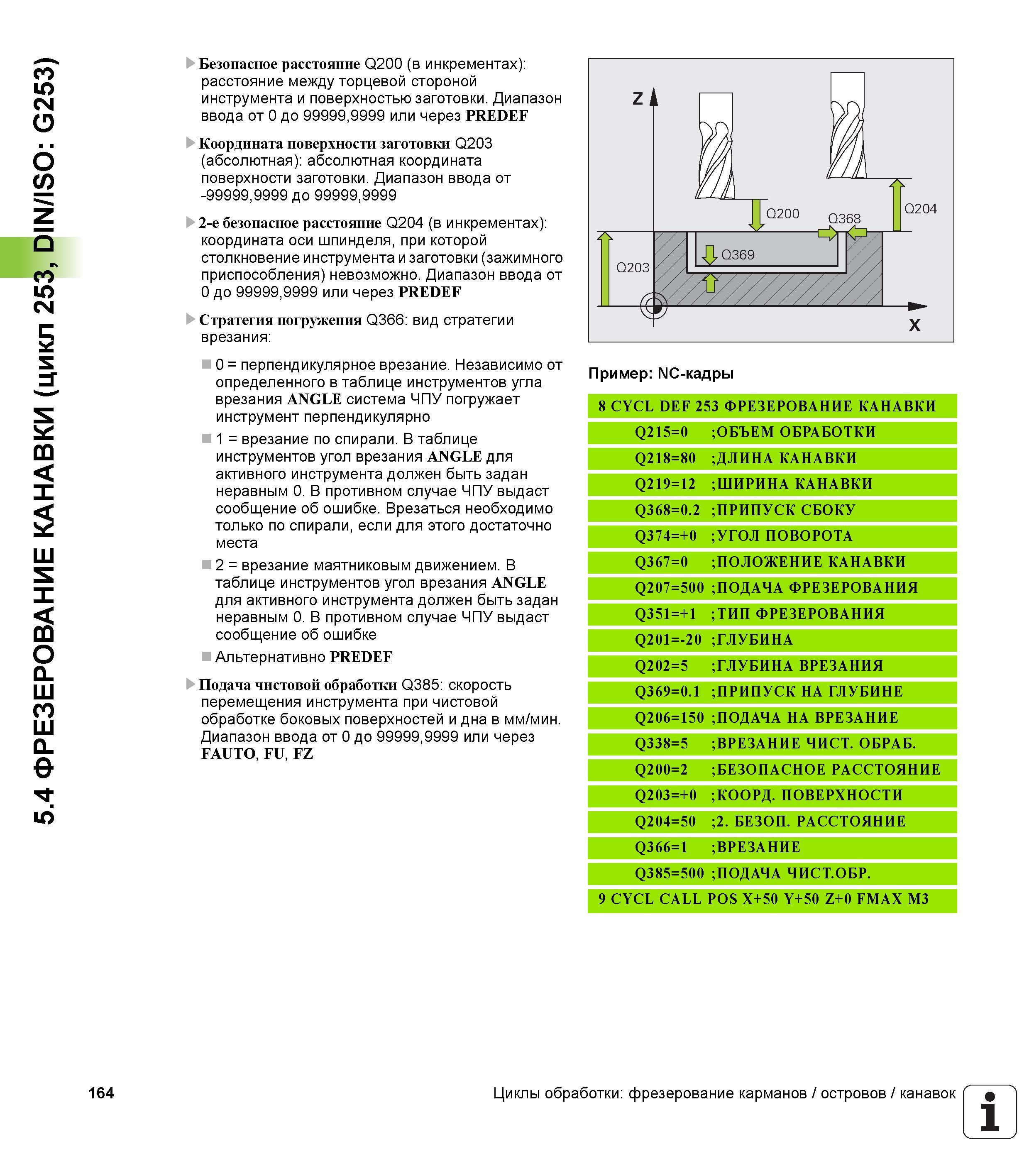 164 5 4 ФРЕЗЕРОВАНИЕ КАНАВКИ (цикл 253, DIN/ISO G253) Безопасное расстояние Q200 (в инкрементах) расстояние между торцевой стороной инструмента и пов Руководство пользователя HEIDENHAIN iTNC 530 Программирование циклов систем числового программного управления оборудованием Версия 2012 года Стр. 164