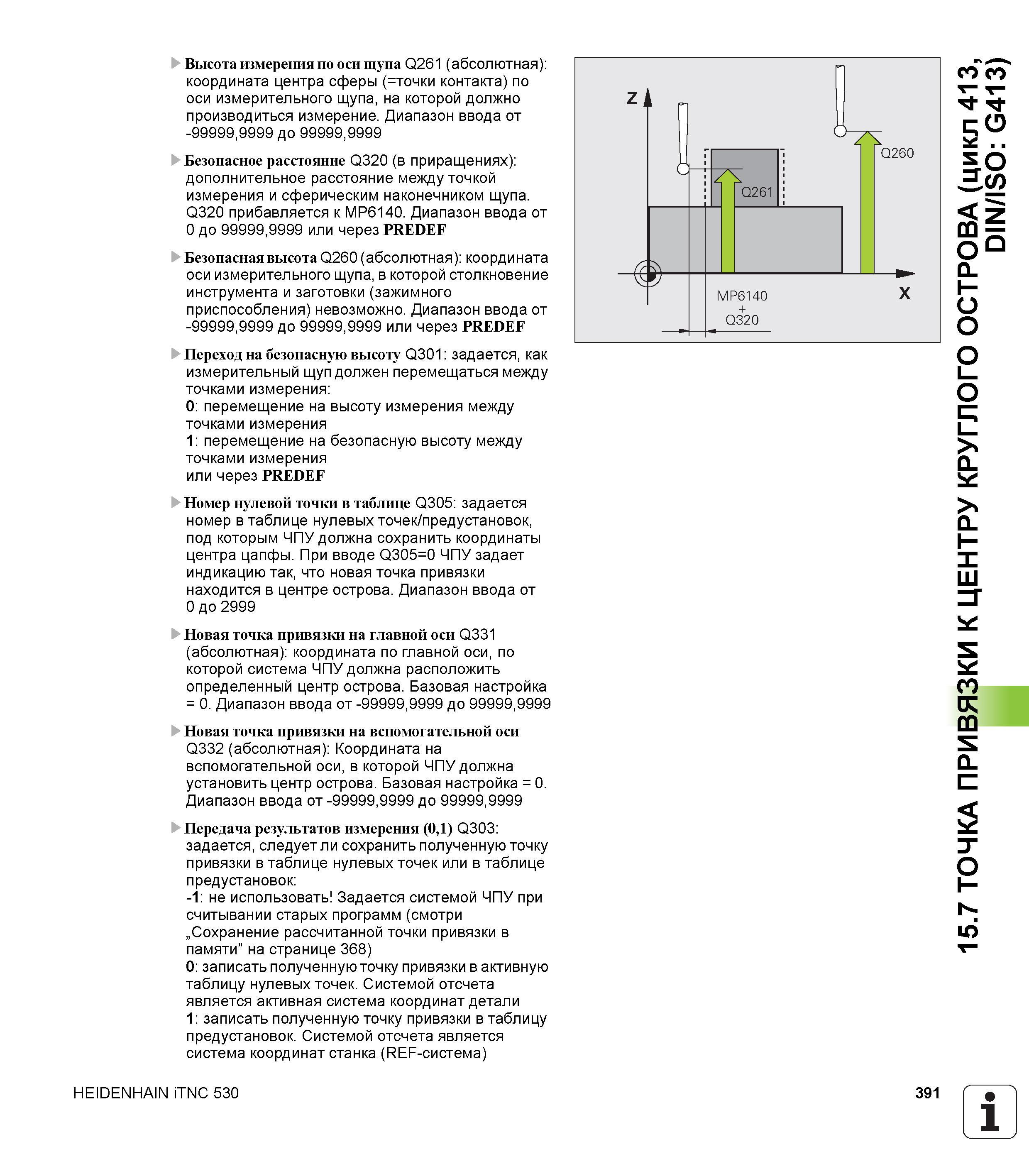 391 Высота измерения по оси щупа Q261 (абсолютная) координата центра сферы (=точки контакта) по оси измерительного щупа, на которой должно производит Руководство пользователя HEIDENHAIN iTNC 530 Программирование циклов систем числового программного управления оборудованием Версия 2012 года Стр. 391