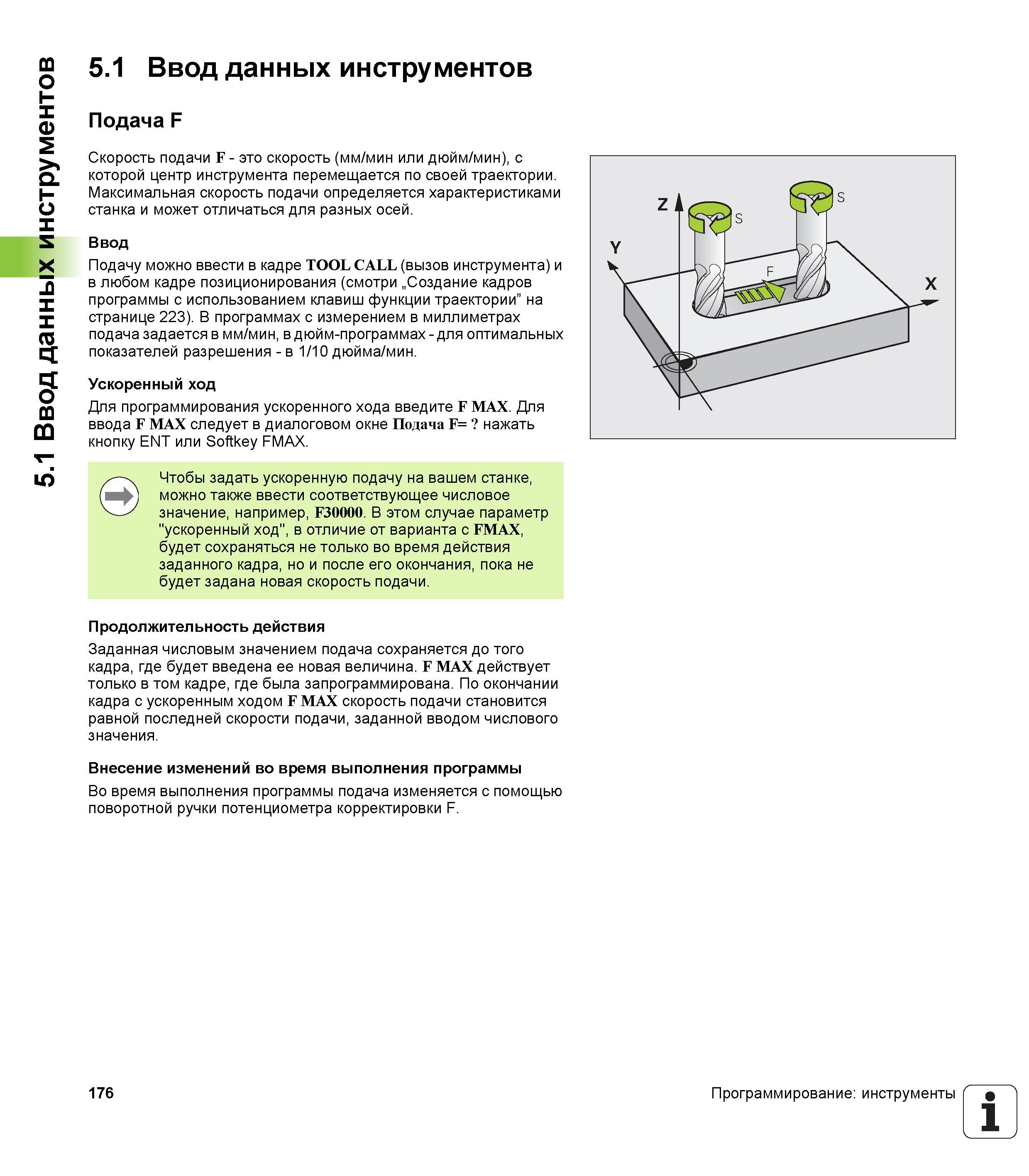176 Ввод данных инструментов Подача F Скорость подачи F - это скорость (мм/мин или дюйм/мин), с которой центр инструмента перемещается Руководство пользователя HEIDENHAIN iTNC 530 Программирование открытым текстом систем числового программного управления оборудованием Версия 2012 года Стр. 176