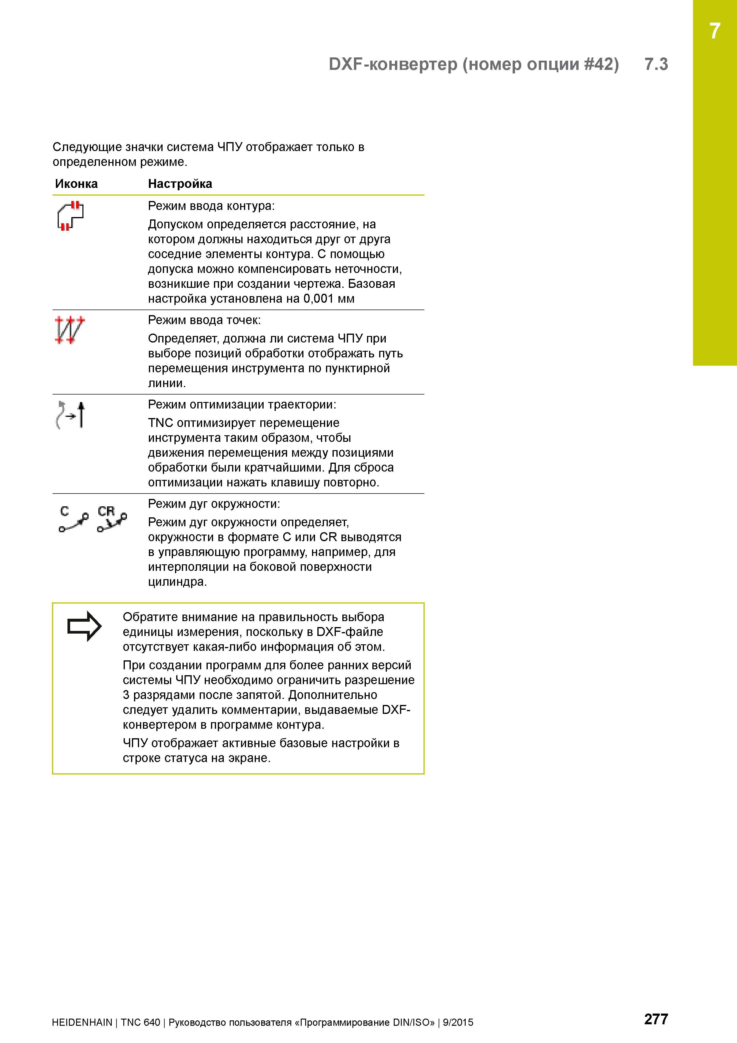 277 DXF-конвертер (номер опции 42) 7 3 Следующие значки система ЧПУ отображает только в определенном режиме Иконка Настройка С w м Режим ввода контур Руководство пользователя HEIDENHAIN 2015 TNC 640 Программирование DIN ISO для металлорежущих станков Версия ПО ЧПУ 340590-06 340591-06 340595-06 Стр. 277