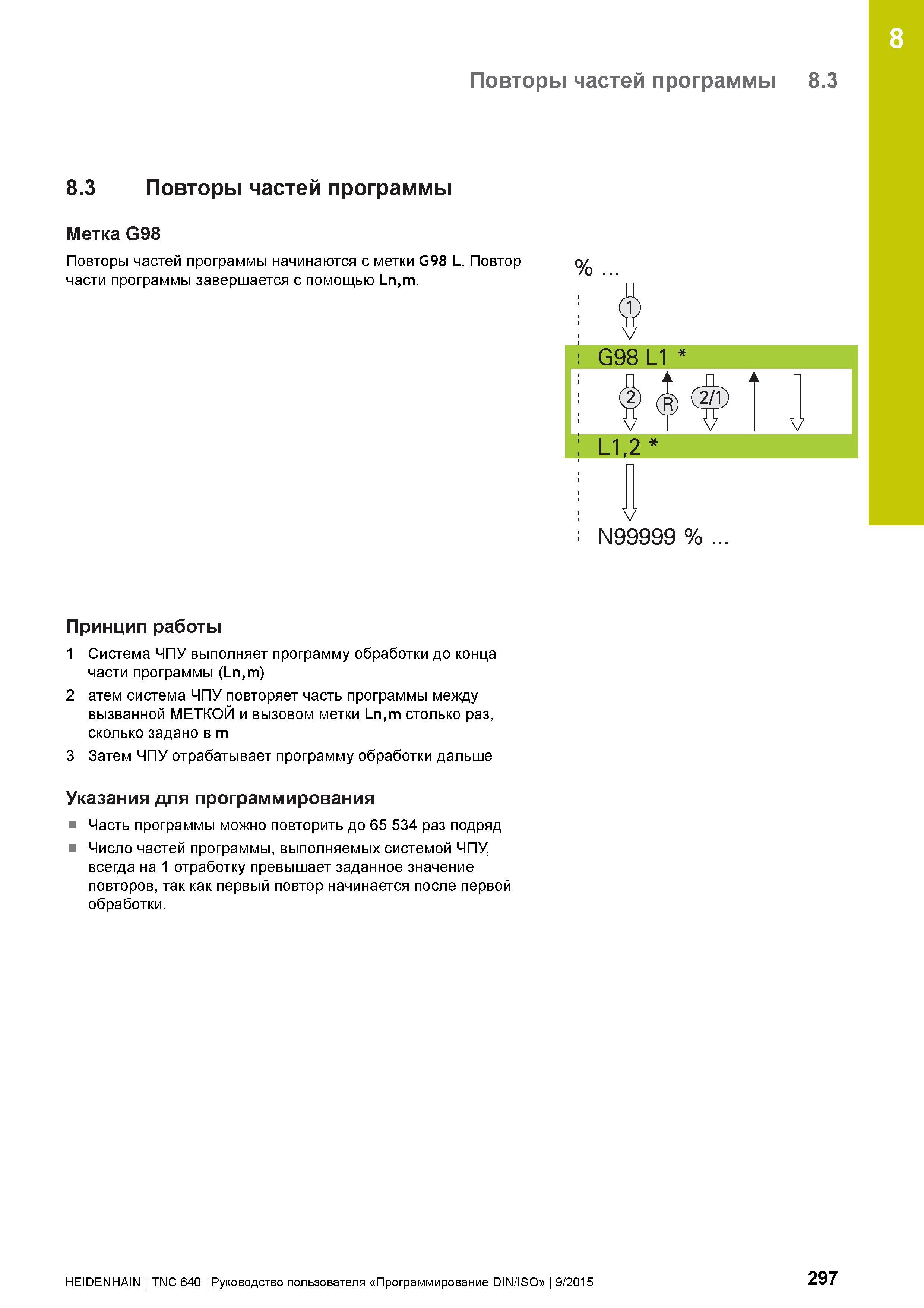 297 8 Повторы частей программы 8 3 8 3 Повторы частей программы Метка G98 Повторы частей программы начинаются с метки G98 L Повтор части программы за Руководство пользователя HEIDENHAIN 2015 TNC 640 Программирование DIN ISO для металлорежущих станков Версия ПО ЧПУ 340590-06 340591-06 340595-06 Стр. 297