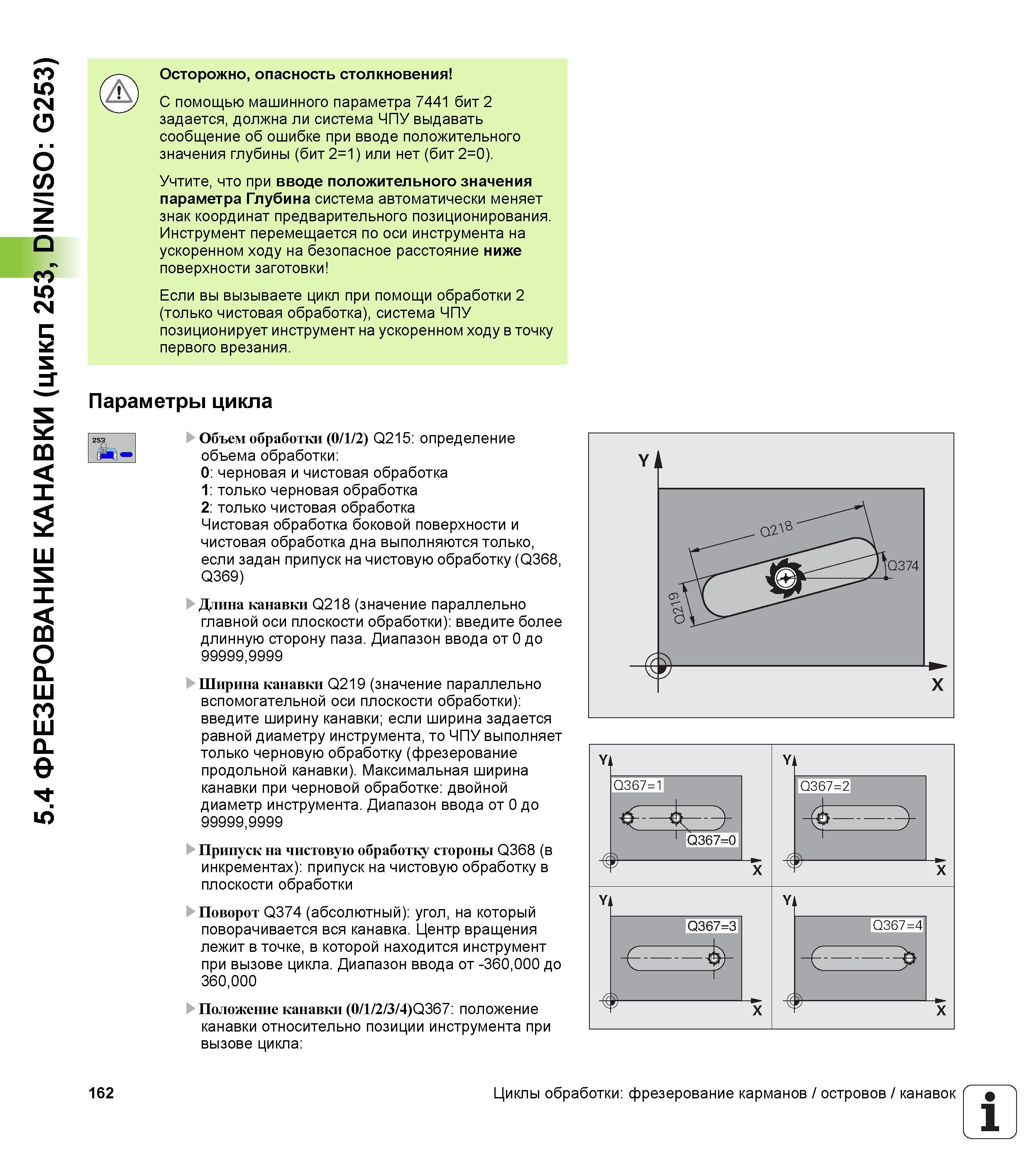 162 5 4 ФРЕЗЕРОВАНИЕ КАНАВКИ (цикл 253, DIN/ISO G253) Осторожно, опасность столкновения С помощью машинного параметра 7441 бит 2 задается, должна ли Руководство пользователя HEIDENHAIN iTNC 530 Программирование циклов систем числового программного управления оборудованием Версия 2012 года Стр. 162
