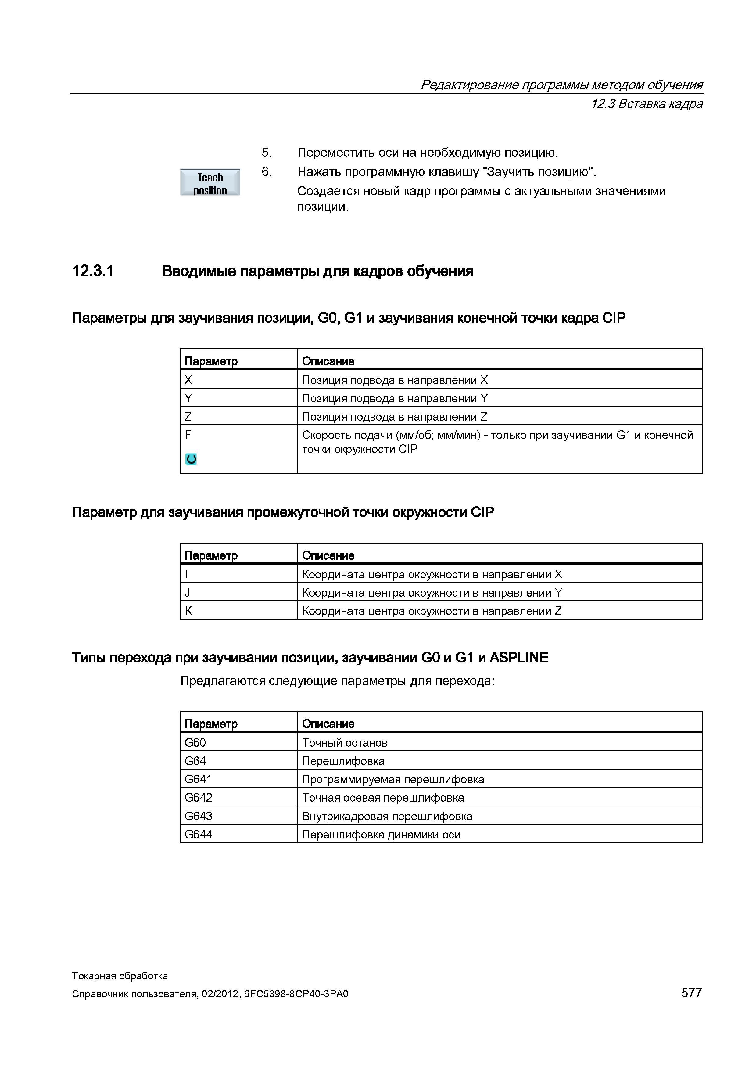 577 Параметры для заучивания позиции, G0, G1 и заучивания конечной точки кадра CIP Параметр Описание Х Позиция подвода в направлении X Y Позиция подв Справочник пользователя SIEMENS 840D sl 828D SINUMERIK Токарная обработка Системы числового программного управления станками СЧПУ Версия 2012 Стр. 577