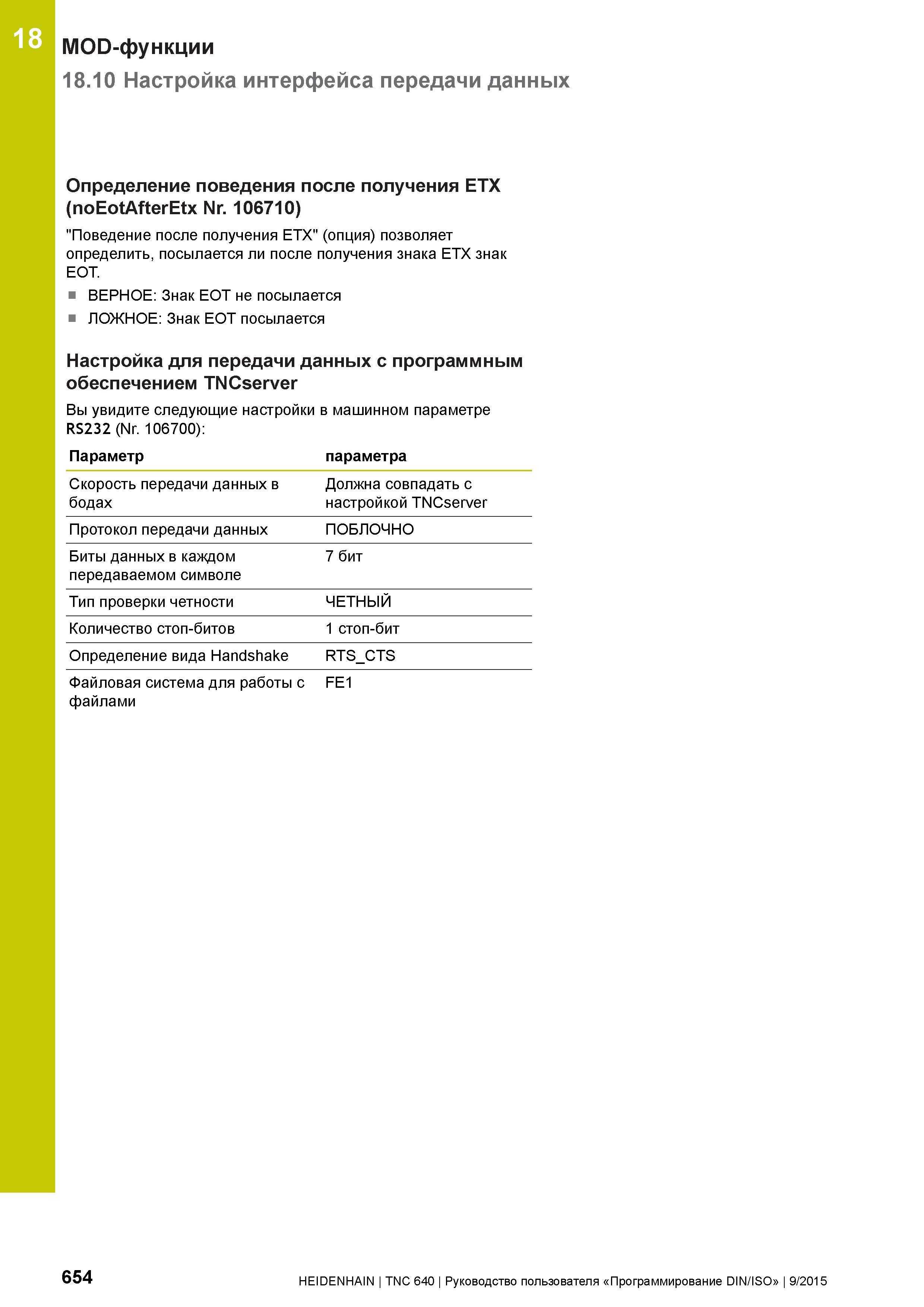 654 18 MOD-функции 18 10 Настройка интерфейса передачи данных Определение поведения после получения ETX (noEotAfterEtx Nr 106710) Поведение после пол Руководство пользователя HEIDENHAIN 2015 TNC 640 Программирование DIN ISO для металлорежущих станков Версия ПО ЧПУ 340590-06 340591-06 340595-06 Стр. 654