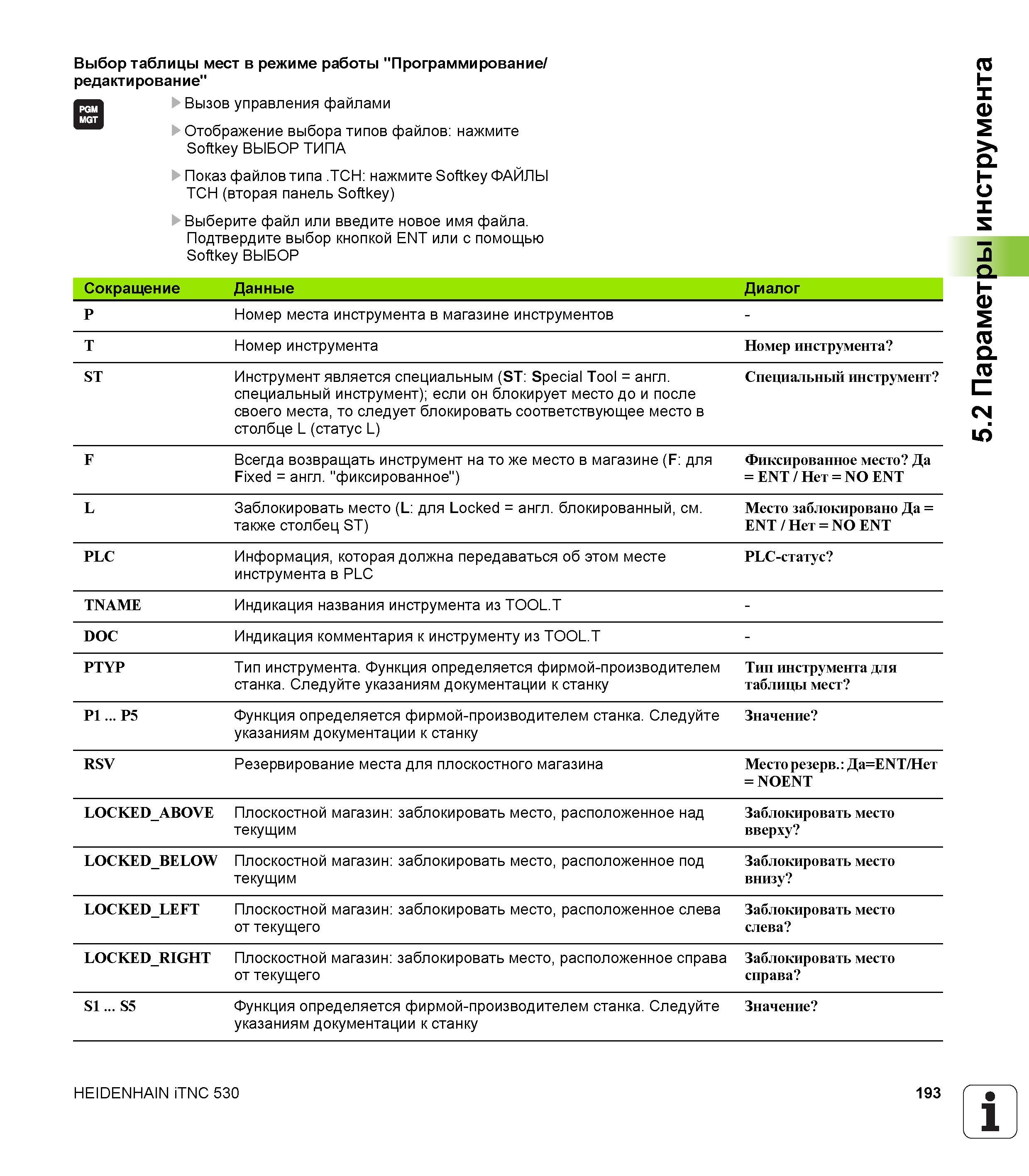 193 Выбор таблицы мест в режиме работы Программирование/ редактирование Вызов управления файлами Отображение выбора типов файлов: нажмите Softke Руководство пользователя HEIDENHAIN iTNC 530 Программирование открытым текстом систем числового программного управления оборудованием Версия 2012 года Стр. 193