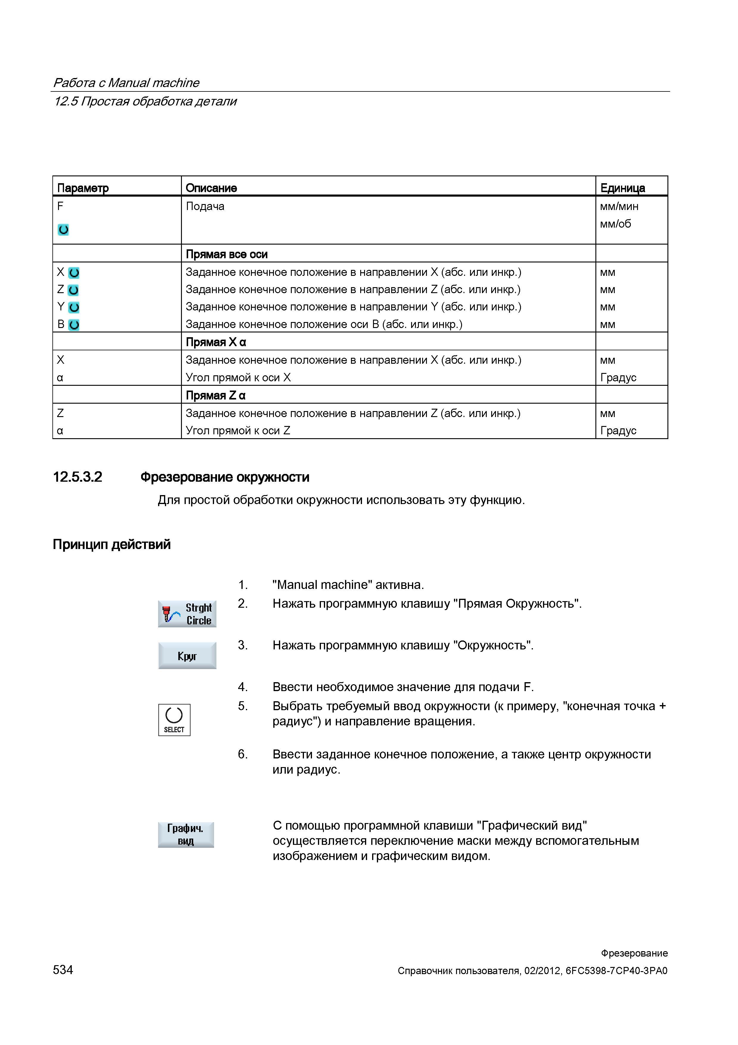 534 Работа с Manual machine 12 5 Простая обработка детали Параметр Описание Единица F Подача мм/мин мм/об Прямая все оси х о Заданное конечное п Справочник пользователя SIEMENS 840D sl 828D SINUMERIK Фрезерная обработка Системы числового программного управления станками СЧПУ Версия 2012 Стр. 534