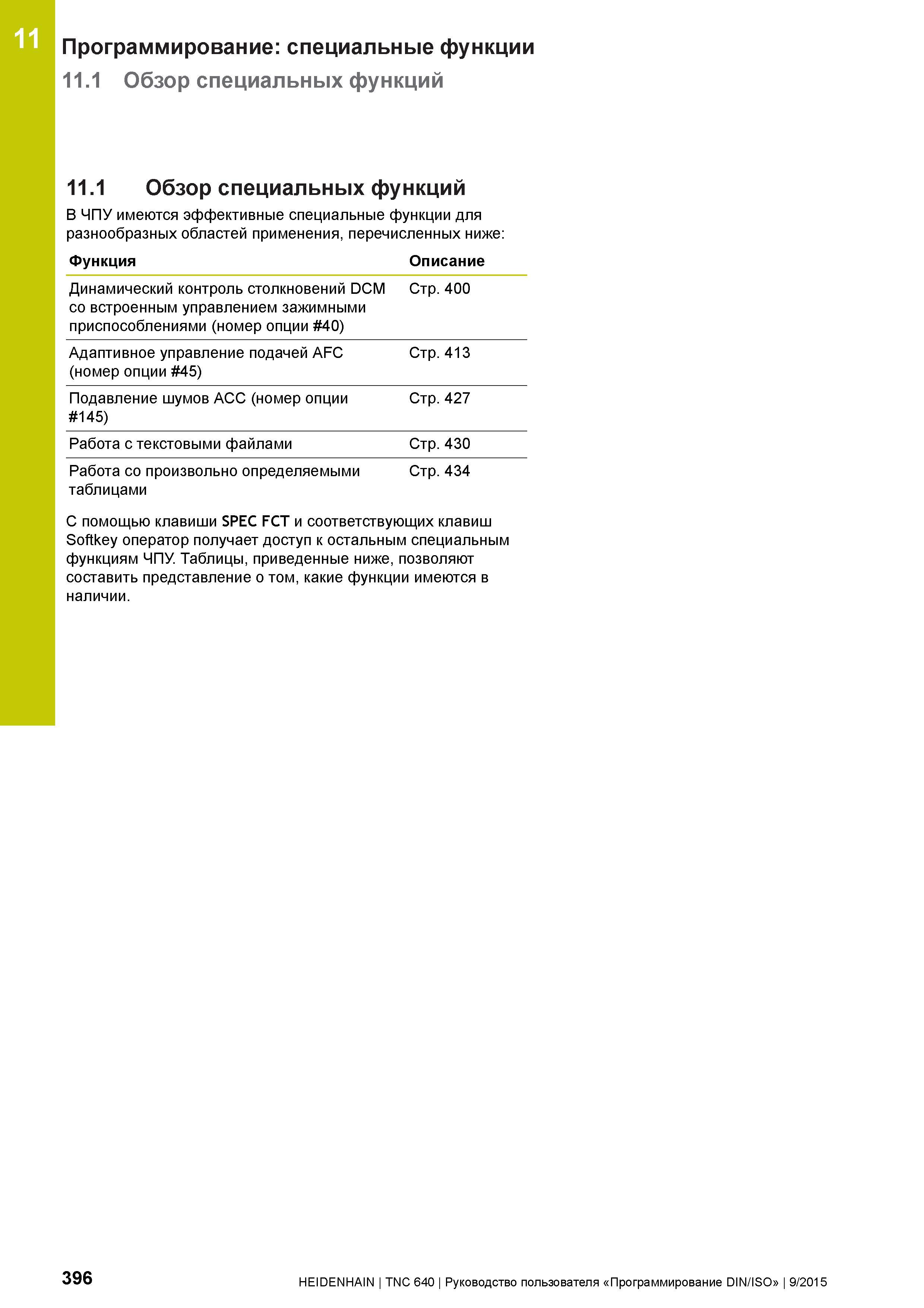 396 11 Программирование: специальные функции 11 1 Обзор специальных функций 11 1 Обзор специальных функций В ЧПУ имеются эффективные специальные функ Руководство пользователя HEIDENHAIN 2015 TNC 640 Программирование DIN ISO для металлорежущих станков Версия ПО ЧПУ 340590-06 340591-06 340595-06 Стр. 396