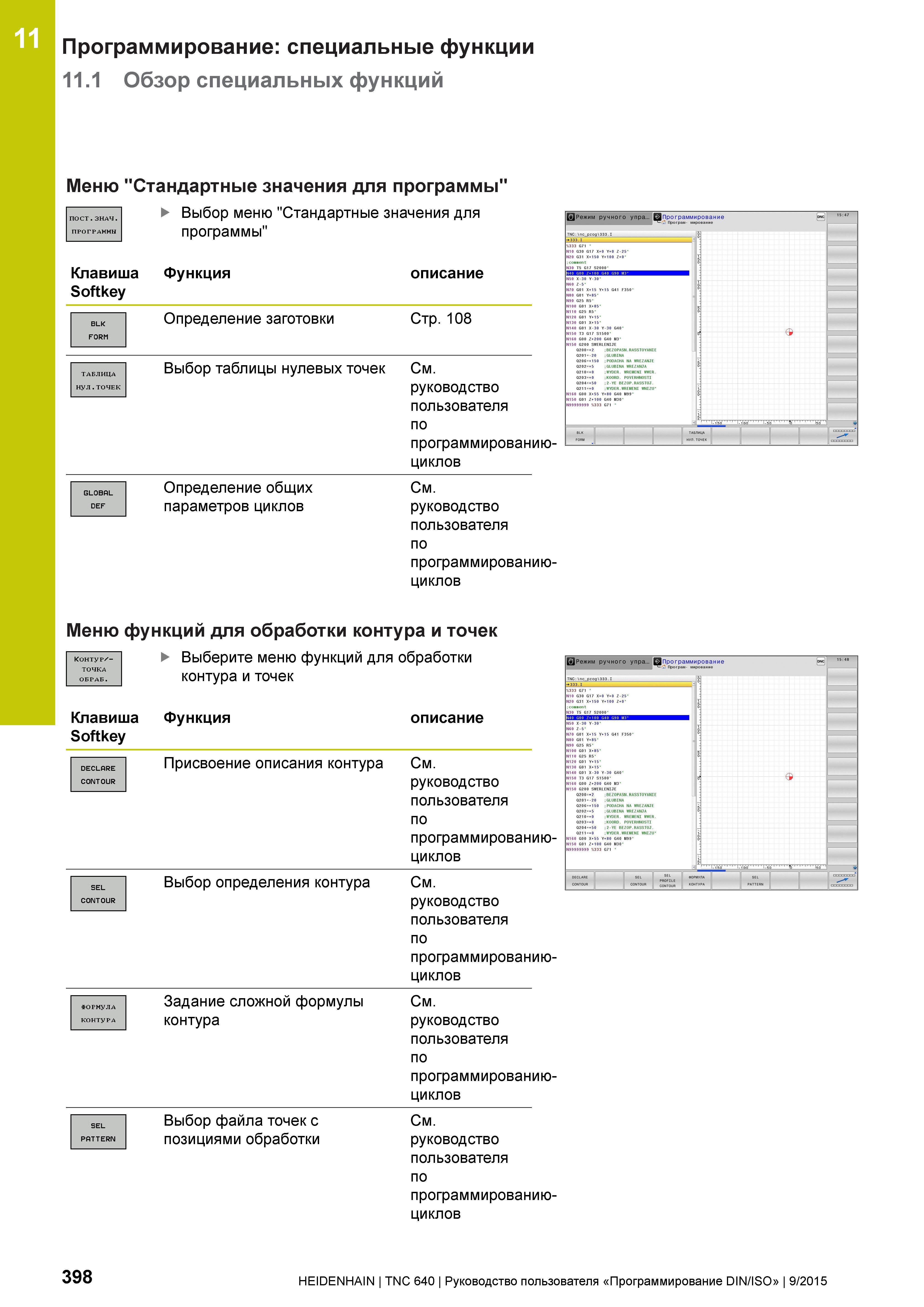 398 11 Программирование: специальные функции 11 1 Обзор специальных функций Меню Стандартные значения для программы' ПОСТ ЗНАЧ ПРОГРАММЫ BLK FORM ТАБ Руководство пользователя HEIDENHAIN 2015 TNC 640 Программирование DIN ISO для металлорежущих станков Версия ПО ЧПУ 340590-06 340591-06 340595-06 Стр. 398