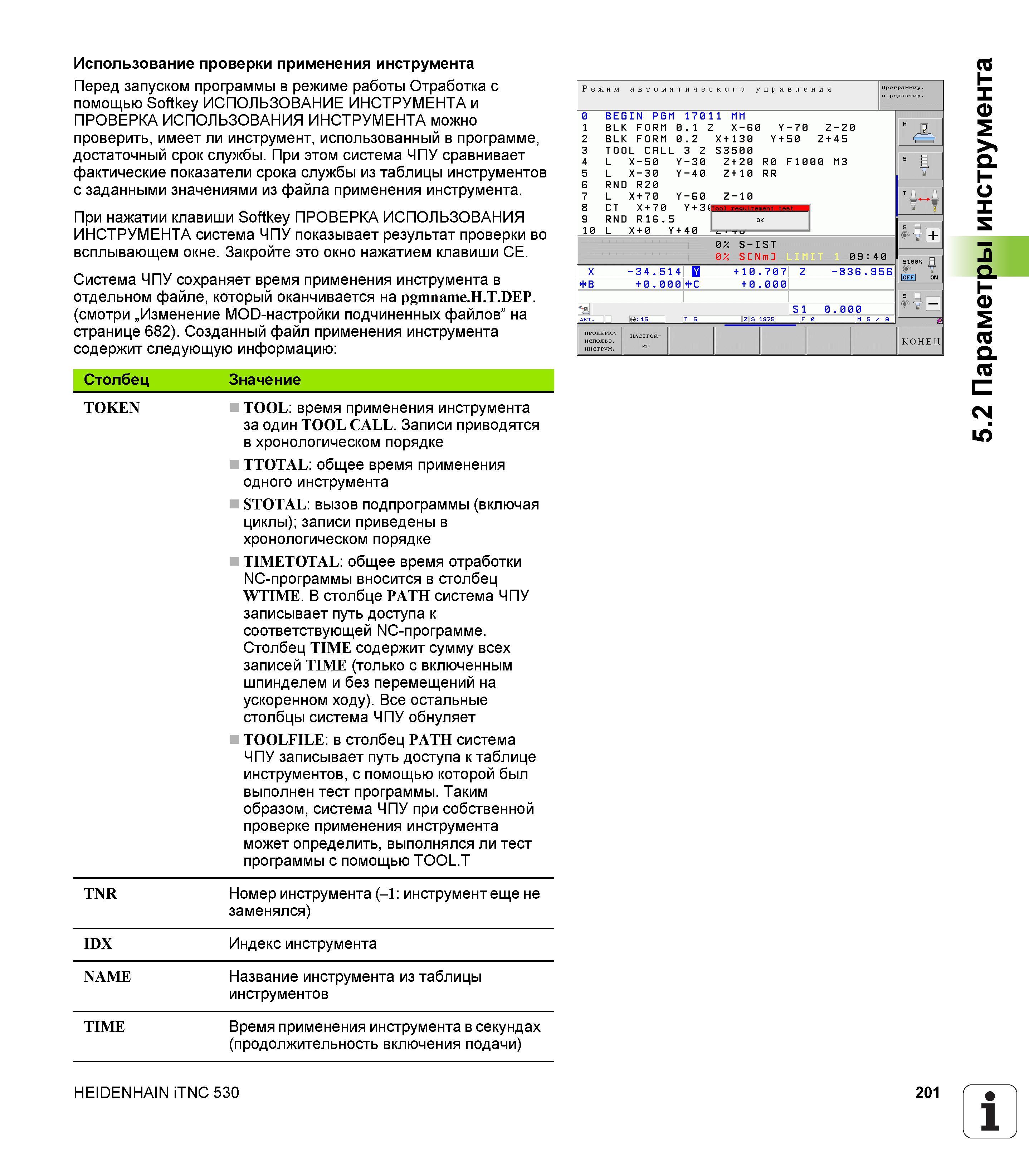 201 Использование проверки применения инструмента Перед запуском программы в режиме работы Отработка с помощью Softkey ИСПОЛЬЗОВАНИЕ ИНСТРУМЕНТА Руководство пользователя HEIDENHAIN iTNC 530 Программирование открытым текстом систем числового программного управления оборудованием Версия 2012 года Стр. 201