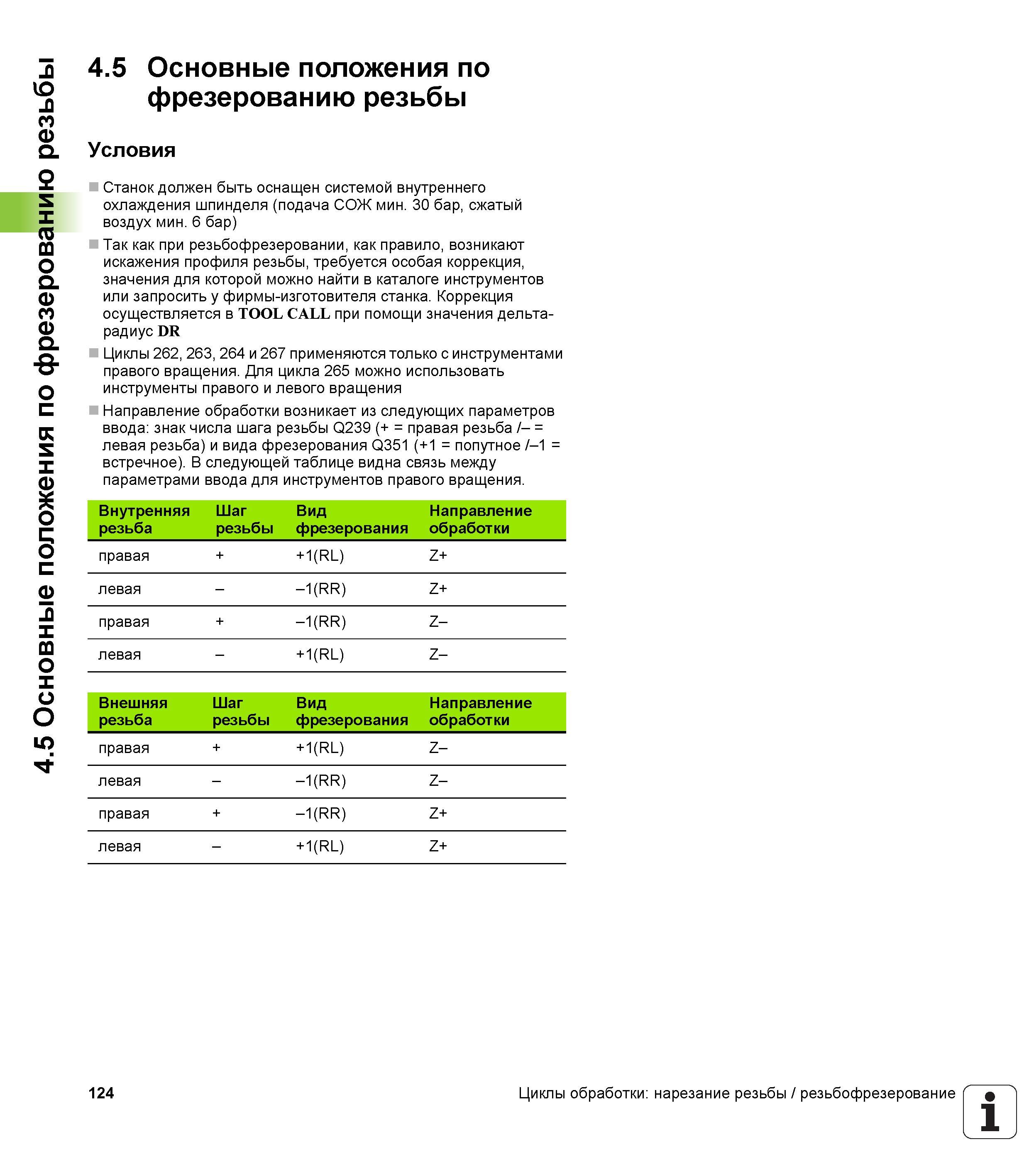 124 4 5 Основные положения по фрезерованию резьбы 4 5 Основные положения по фрезерованию резьбы Условия Станок должен быть оснащен системой внутренне Руководство пользователя HEIDENHAIN iTNC 530 Программирование циклов систем числового программного управления оборудованием Версия 2012 года Стр. 124