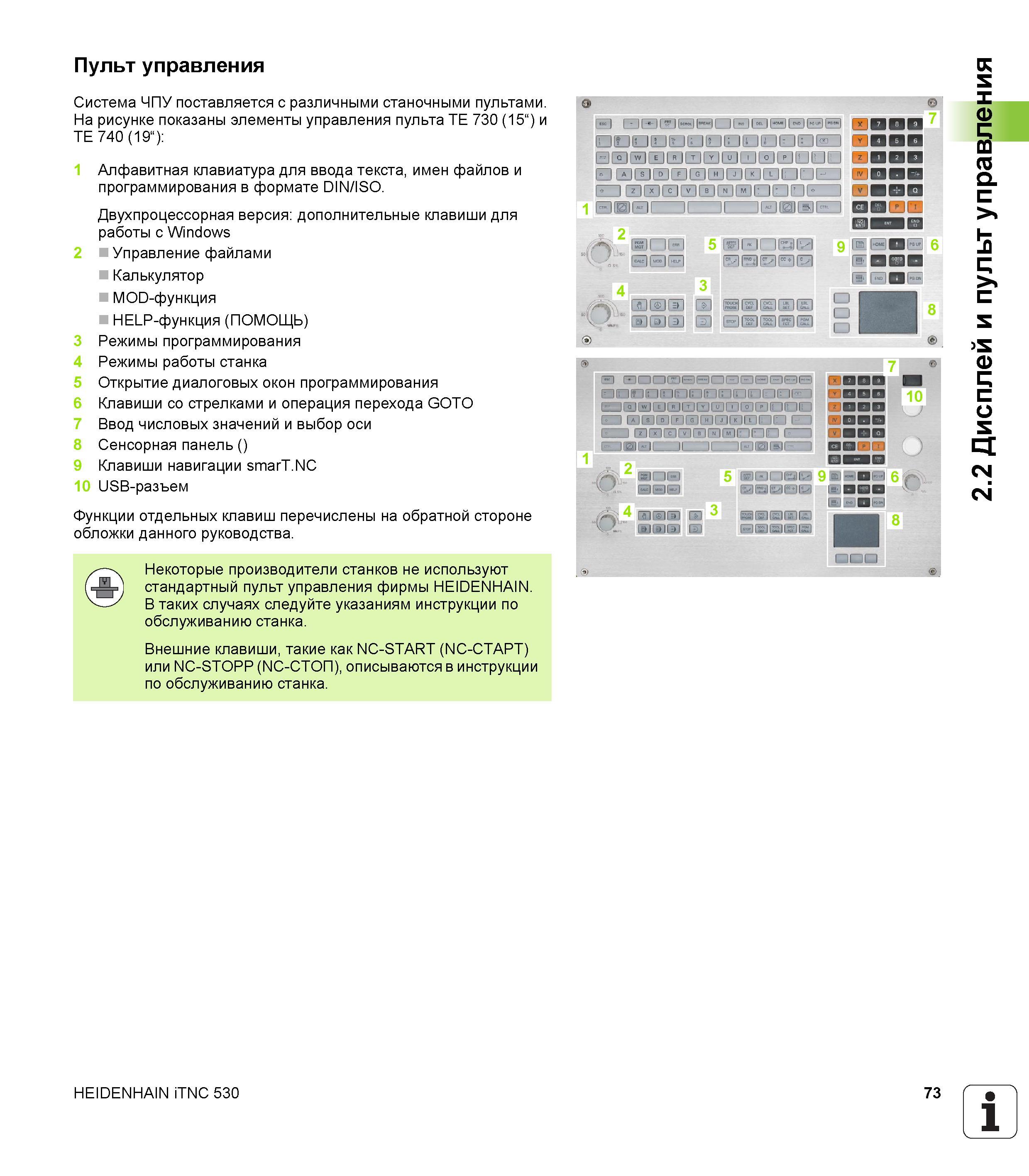 73 Пульт управления Система ЧПУ поставляется с различными станочными пультами На рисунке показаны элементы управления пульта TE 730 (15“) и TE 740 ( Руководство пользователя HEIDENHAIN iTNC 530 Программирование DIN ISO систем числового программного управления оборудованием Версия 2012 года Стр. 73