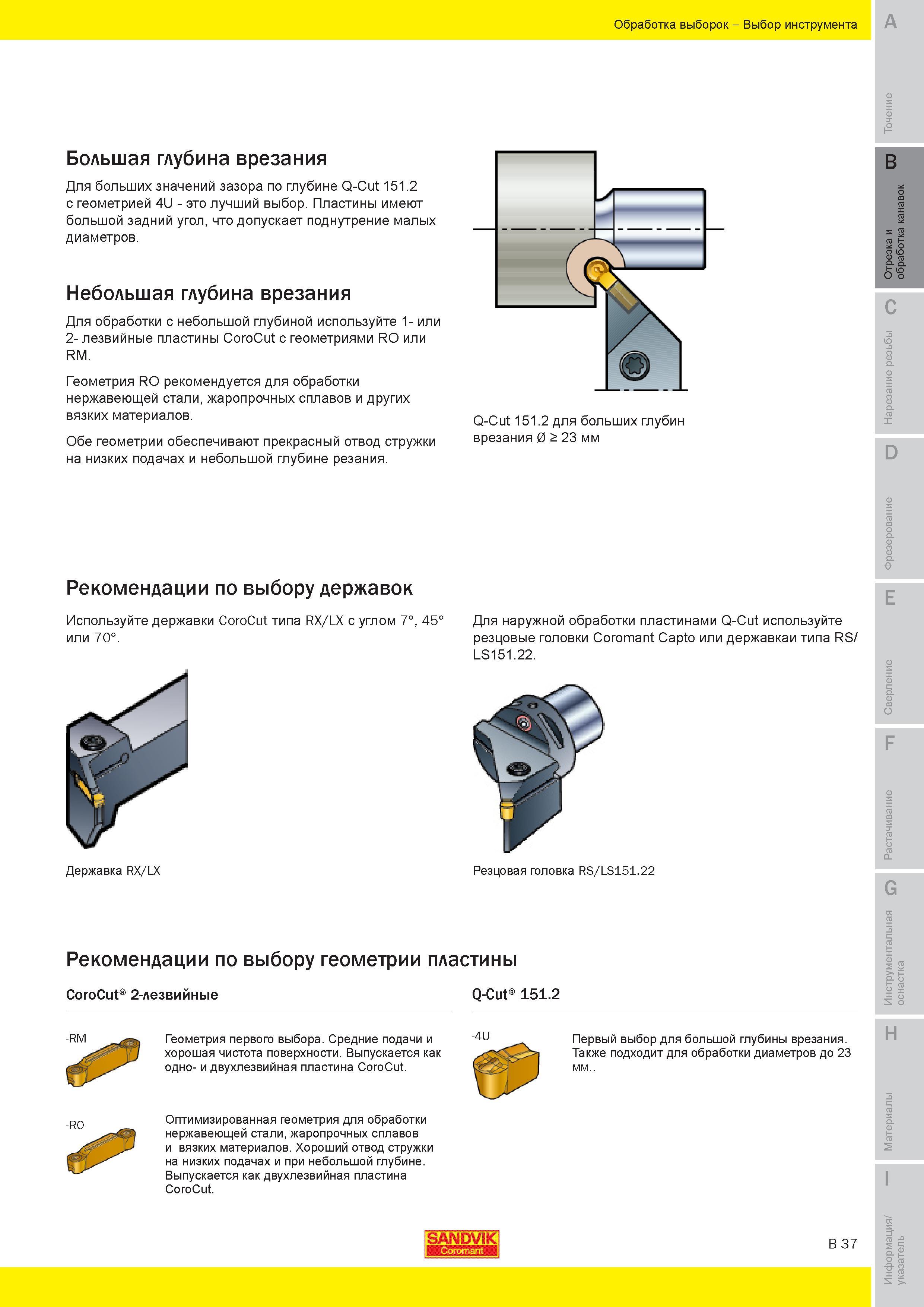 196 Геометрия Sandvik RO рекомендуется для механической обработки нержавеющей стали жаропрочных сплавов и других вязких материалов Обе геометрии обеспе Руководство SANDVIK COROMANT 2010 по металлообработке Точение Отрезка Обработка канавок Резьбонарезание Фрезерование Сверление Растачивание Инструментальная оснастка Стр. B37