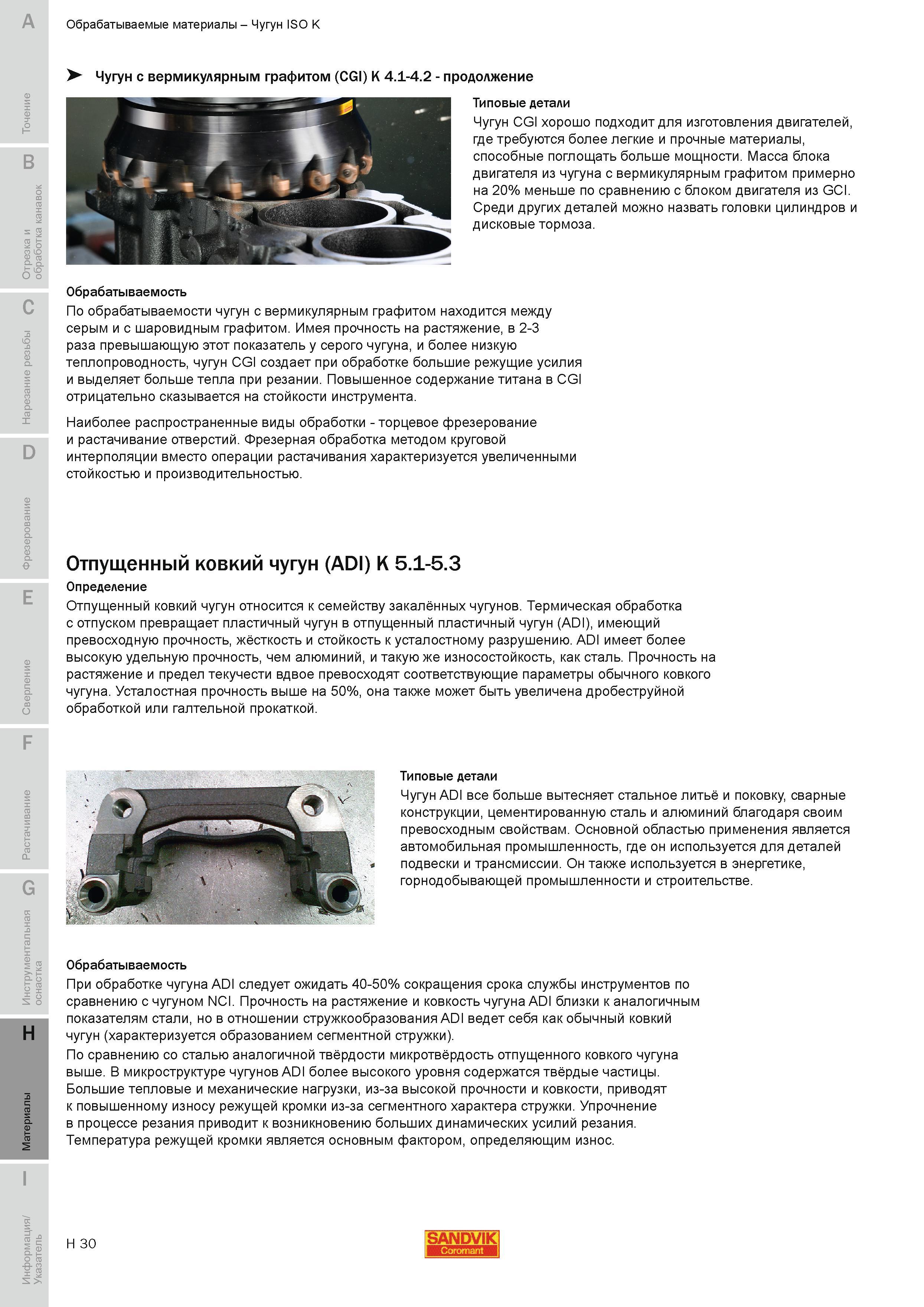 761 По обрабатываемости чугун с вермикулярным графитом находится между серым и с шаровидным графитом Создает при мехобработке большие режущие усилия Руководство SANDVIK COROMANT 2010 по металлообработке Точение Отрезка Обработка канавок Резьбонарезание Фрезерование Сверление Растачивание Инструментальная оснастка Стр. H30