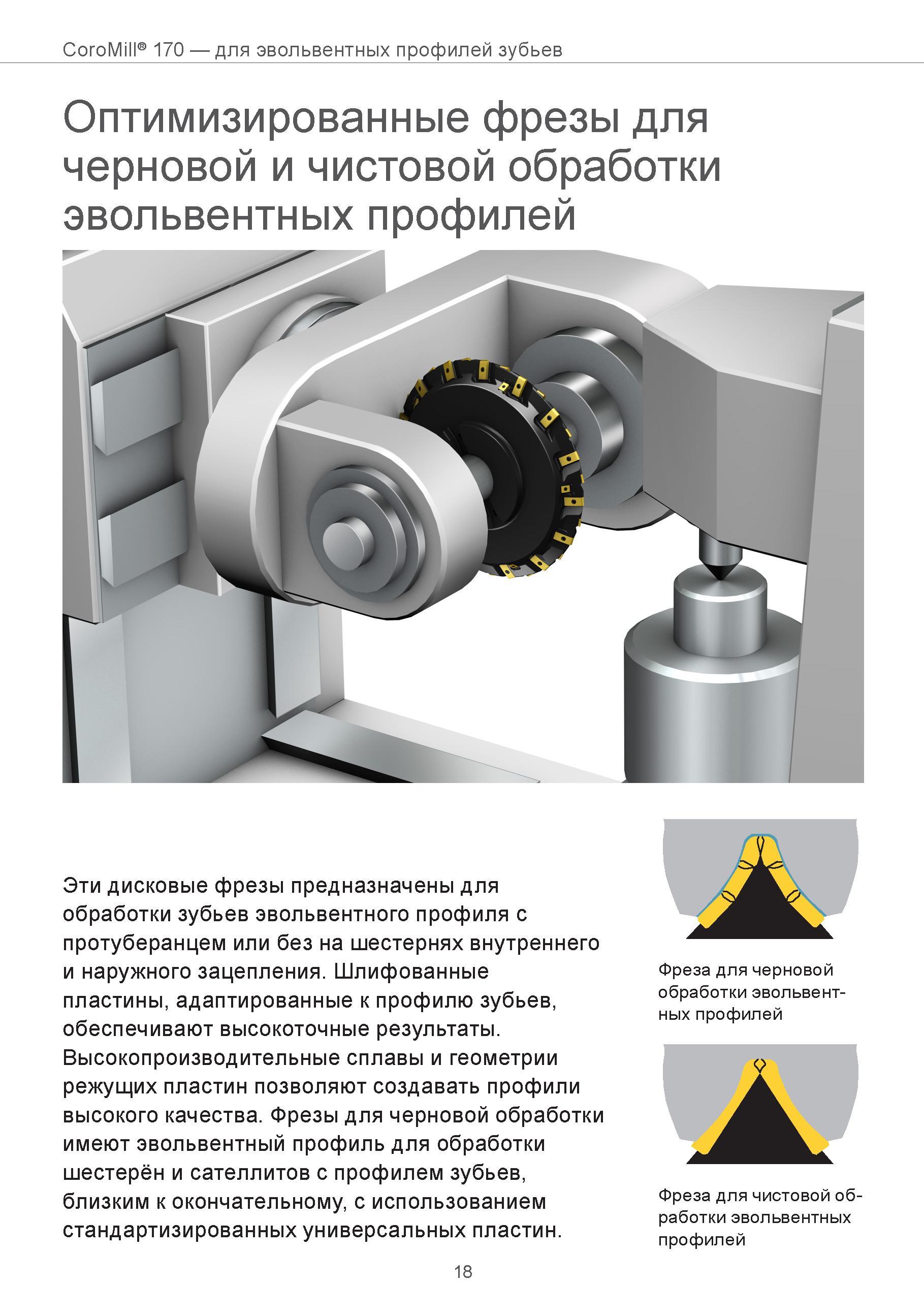18 Оптимизированные модульные фрезы Sandvik Coromant CoroMill 170 для черновой и чистовой обработки эвольвентных профилей Эти дисковые фрезы шведско Руководство SANDVIK COROMANT 2015 Инженерные решения и технологии для зубофрезерования зубчатых колес Дисковые модульные и червячные фрезы с твердосплавными режущими пластинами Стр. 18