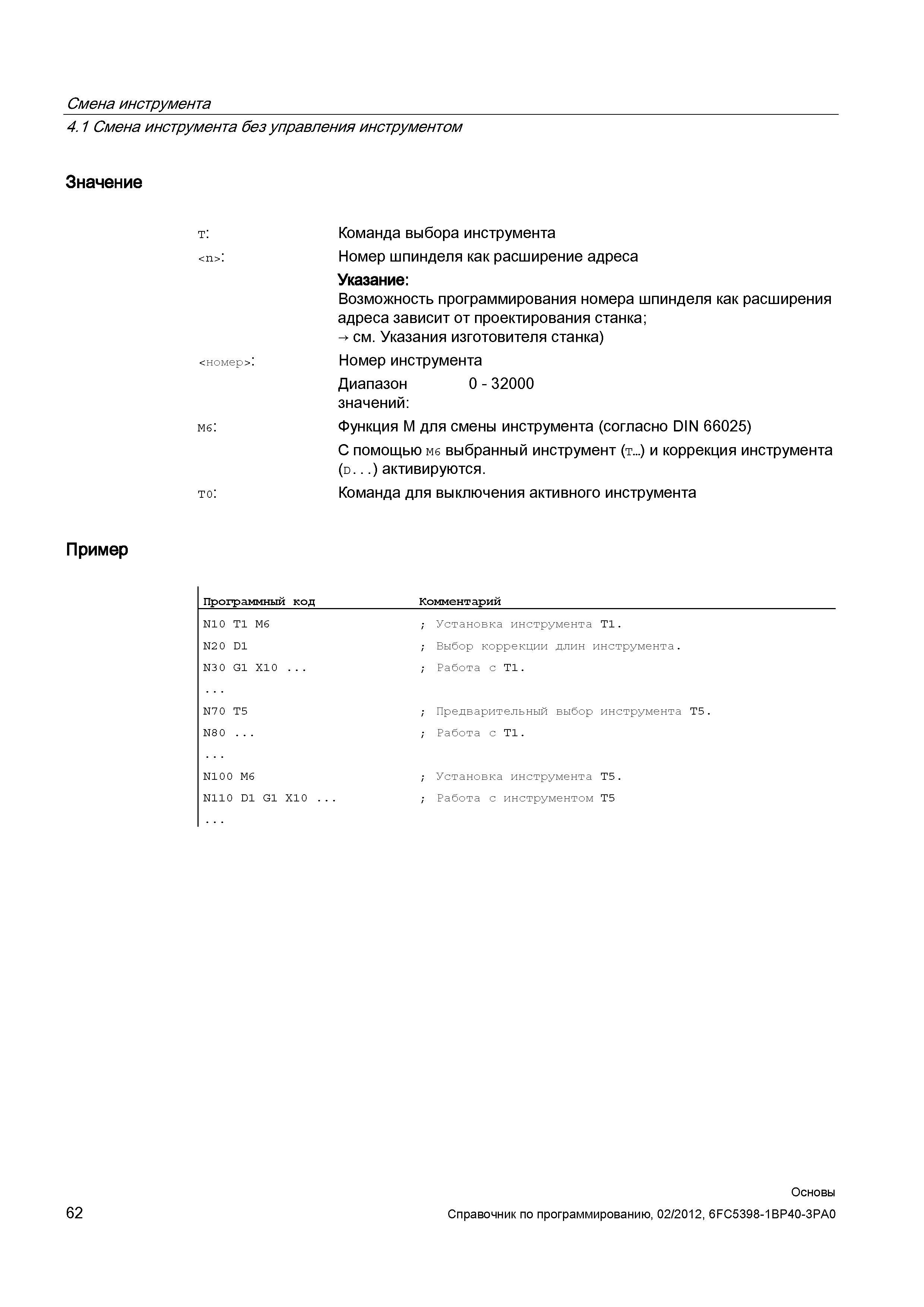 62 Пример программного кода программы ЧПУ Siemens Sinumerik 840D sl 828D показывающей функцию смены инструмента с M6 Справочник SIEMENS 2012 Пользователя Основы программирования стоек ЧПУ Sinumerik 840D sl 828D Металлообрабатывающее оборудование Стр. 62