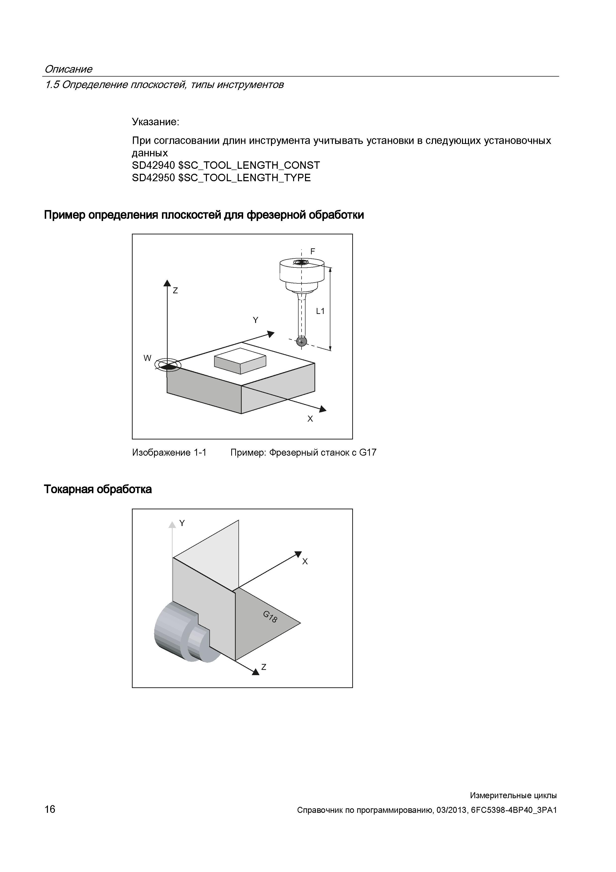 16 Описание 1 5 Определение плоскостей, типы инструментов Указание: При согласовании длин инструмента учитывать установки в следующих установочных д Руководство SIEMENS SINUMERIK 840D sl / 828D Программирование измерительных циклов числового программного управления (ЧПУ) металлорежущих станков Вер. 2013 Стр. 16