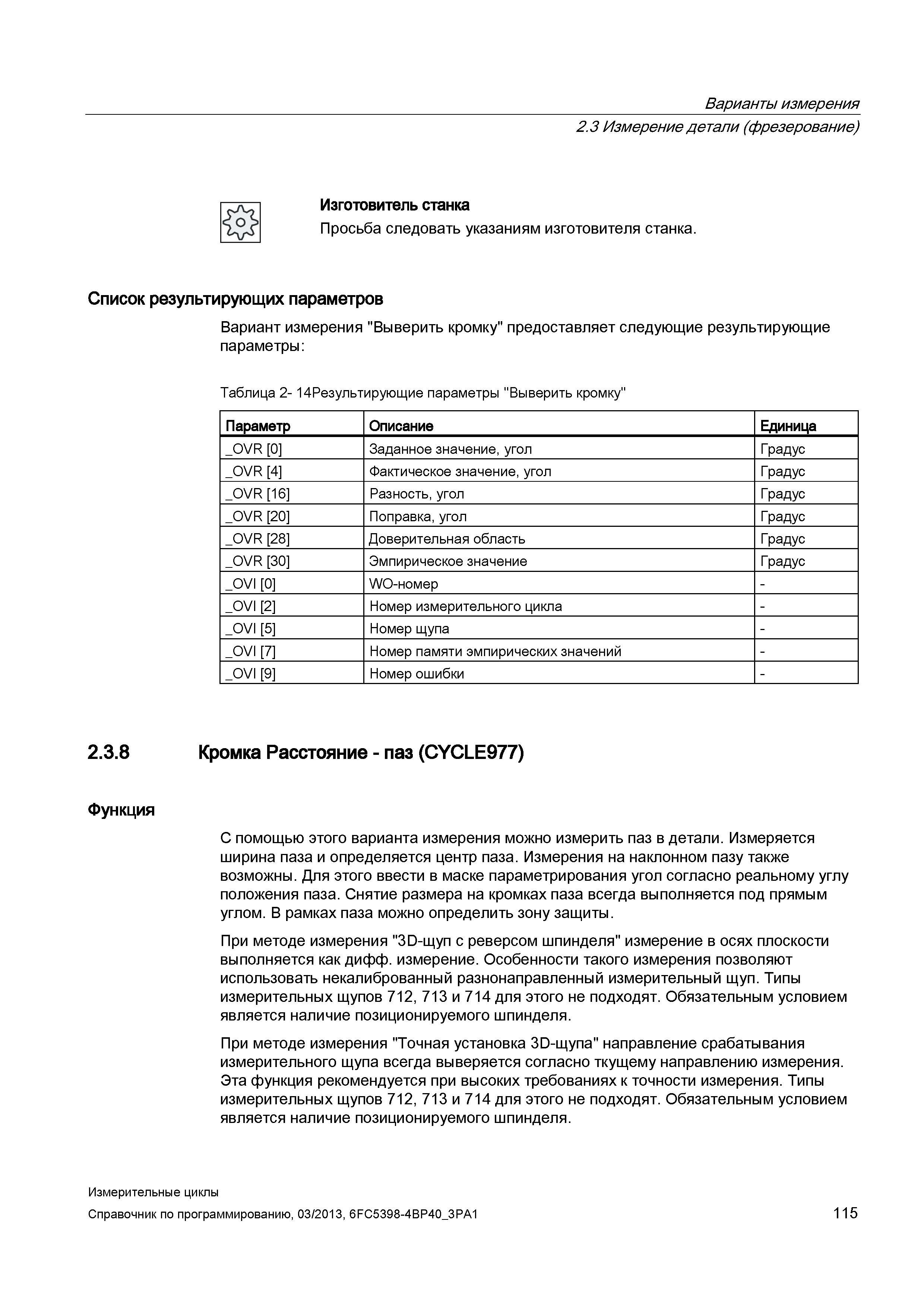 115 Варианты измерения 2 3 Измерение детали (фрезерование) Изготовитель станка Просьба следовать указаниям изготовителя станка Список результирующих Руководство SIEMENS SINUMERIK 840D sl / 828D Программирование измерительных циклов числового программного управления (ЧПУ) металлорежущих станков Вер. 2013 Стр. 115