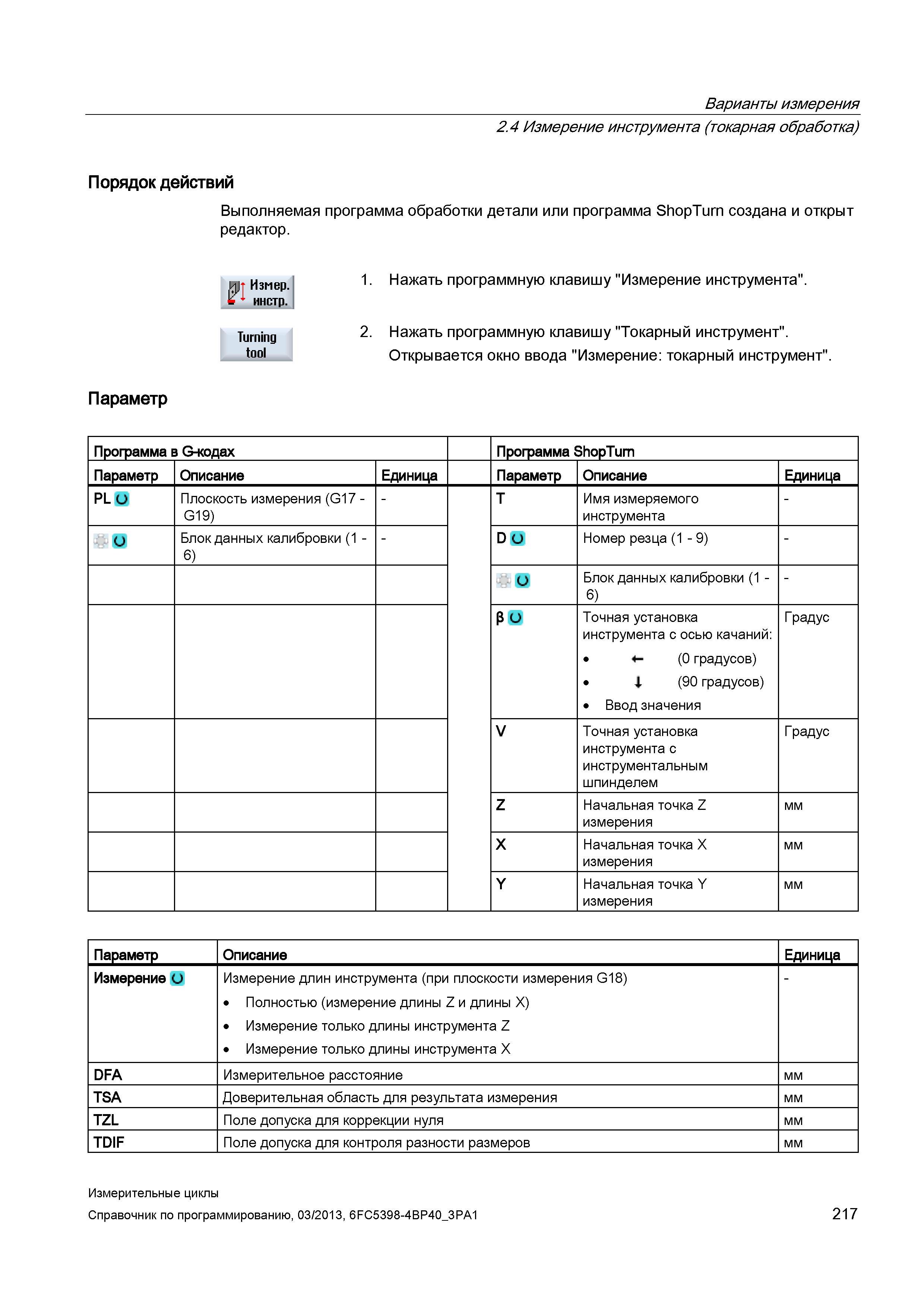 217 Варианты измерения 2 4 Измерение инструмента (токарная обработка) Порядок действий Выполняемая программа обработки детали или программа ShopTurn Руководство SIEMENS SINUMERIK 840D sl / 828D Программирование измерительных циклов числового программного управления (ЧПУ) металлорежущих станков Вер. 2013 Стр. 217