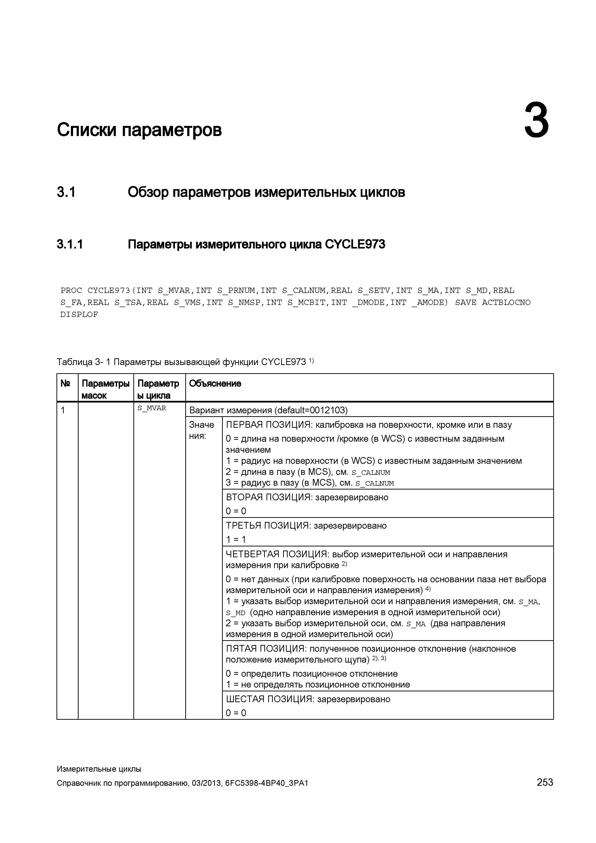 253 Списки параметров 3 1 Обзор параметров измерительных циклов 3 1 1 Параметры измерительного цикла CYCLE973 PROC CYCLE973(INT S_MVAR,INT S_PRNUM,IN Руководство SIEMENS SINUMERIK 840D sl / 828D Программирование измерительных циклов числового программного управления (ЧПУ) металлорежущих станков Вер. 2013 Стр. 253