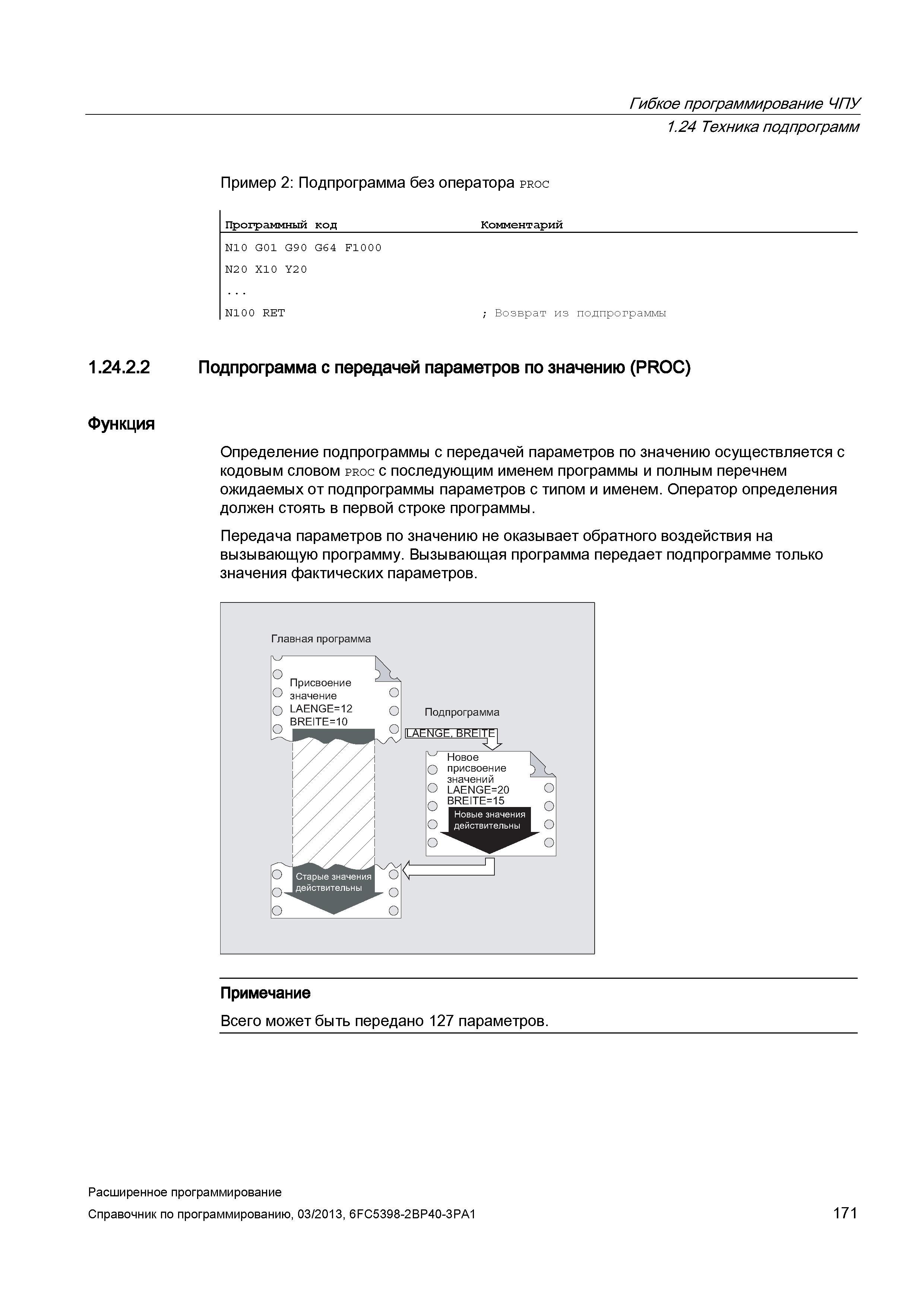 171 Гибкое программирование ЧПУ 1 24 Техника подпрограмм Пример 2: Подпрограмма без оператора proc Программный код Комментарий N10 G01 G9 0 G64 Руководство SIEMENS SINUMERIK 840D sl / 828D Расширенное программирование стоек числового программного управления (ЧПУ) металлорежущих станков вер. 2013 Стр. 171