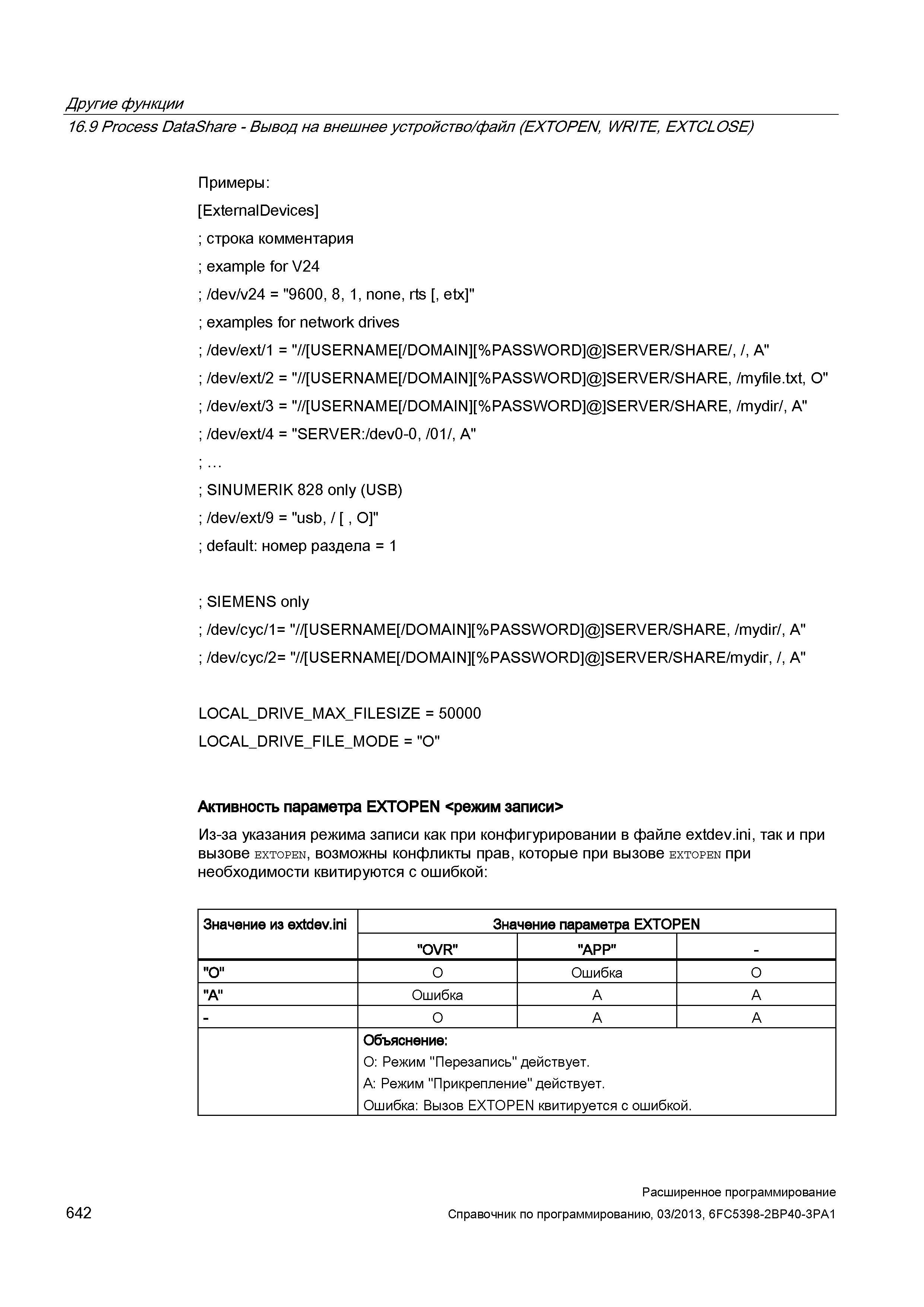 642 Другие функции 16 9 Process DataShare - Вывод на внешнее устройство/файл (EXTOPEN, WRITE, EXTCLOSE) Примеры: ExternalDevices ; строка комментария ; example for V24 ; /dev/v24 = 9600, 8, 1, none, rts , etx ; examples for network drives ; /dev/ext/1 = // USERNAME /DOMAIN %PASSWORD SERVER/SHARE/, /, A ; /dev/ext/2 = // USERNAME /DOMAIN %PASSWORD SERVER/SHARE, /myfile txt, O ; /dev/ext/3 = // USERNAME /DOMAIN %PASSWORD SERVER/SHARE, /mydir/, A ; /dev/ext/4 = SERVER:/dev0-0, /01/, A ; SINUMERIK 828 only (USB) ; /dev/ext/9 = usb, / , O ; default: номер раздела = 1 ; SIEMENS only ; /dev/cyc/1= // USERNAME /DOMAIN %PASSWORD SERVER/SHARE, /mydir/, A ; /dev/cyc/2= // USERNAME /DOMAIN %PASSWORD SERVER/SHARE/mydir, /, A LOCAL_DRIVE_MAX_FILESI Руководство SIEMENS SINUMERIK 840D sl / 828D Расширенное программирование стоек числового программного управления (ЧПУ) металлорежущих станков вер. 2013 Стр. 642