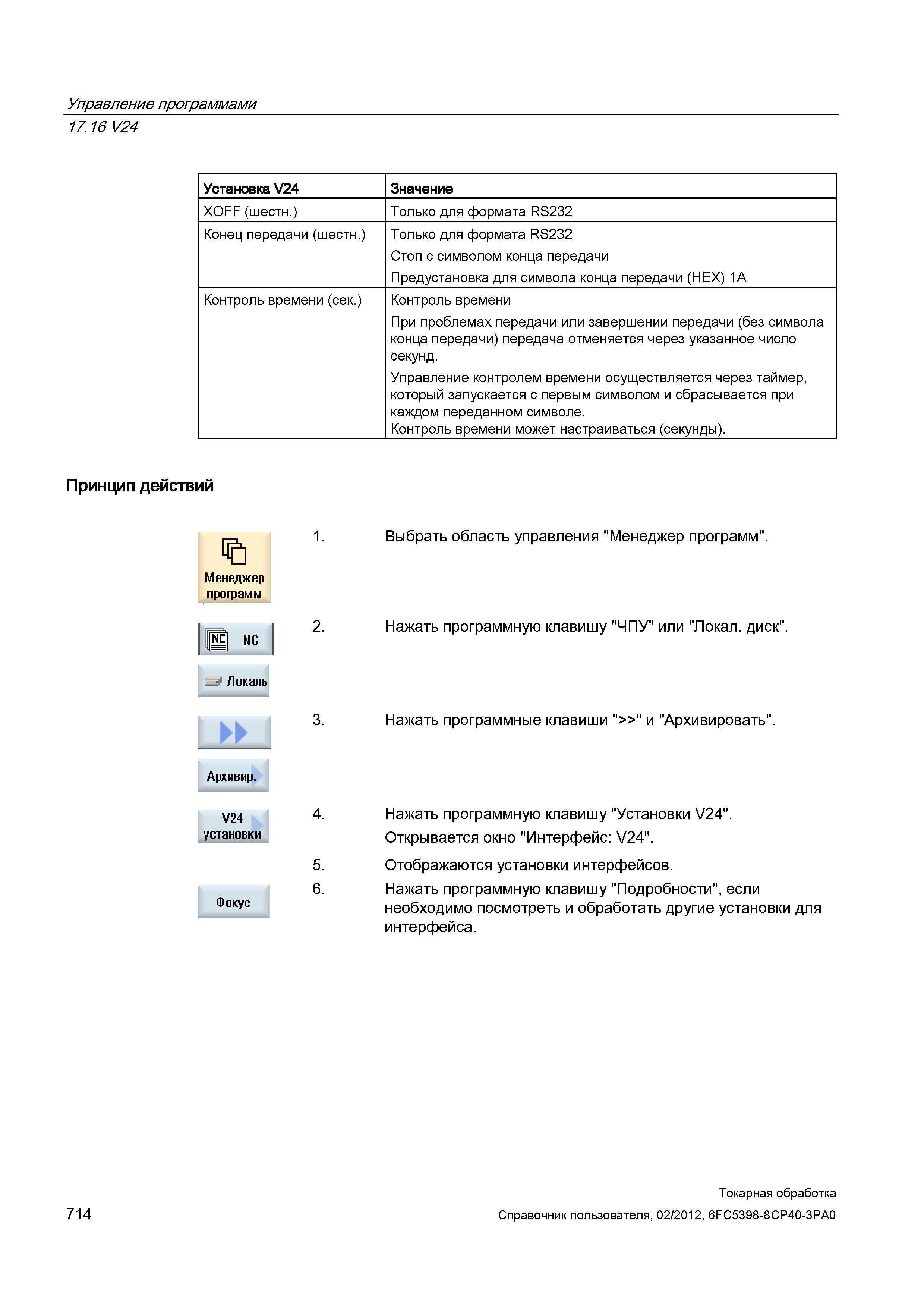 714 Управление программами Установка V24 Значение XOFF Только для формата RS232 Конец передачи (шестн ) Только для формата RS232 Стоп с символом конц Справочник пользователя SIEMENS 840D sl 828D SINUMERIK Токарная обработка Системы числового программного управления станками СЧПУ Версия 2012 Стр. 714