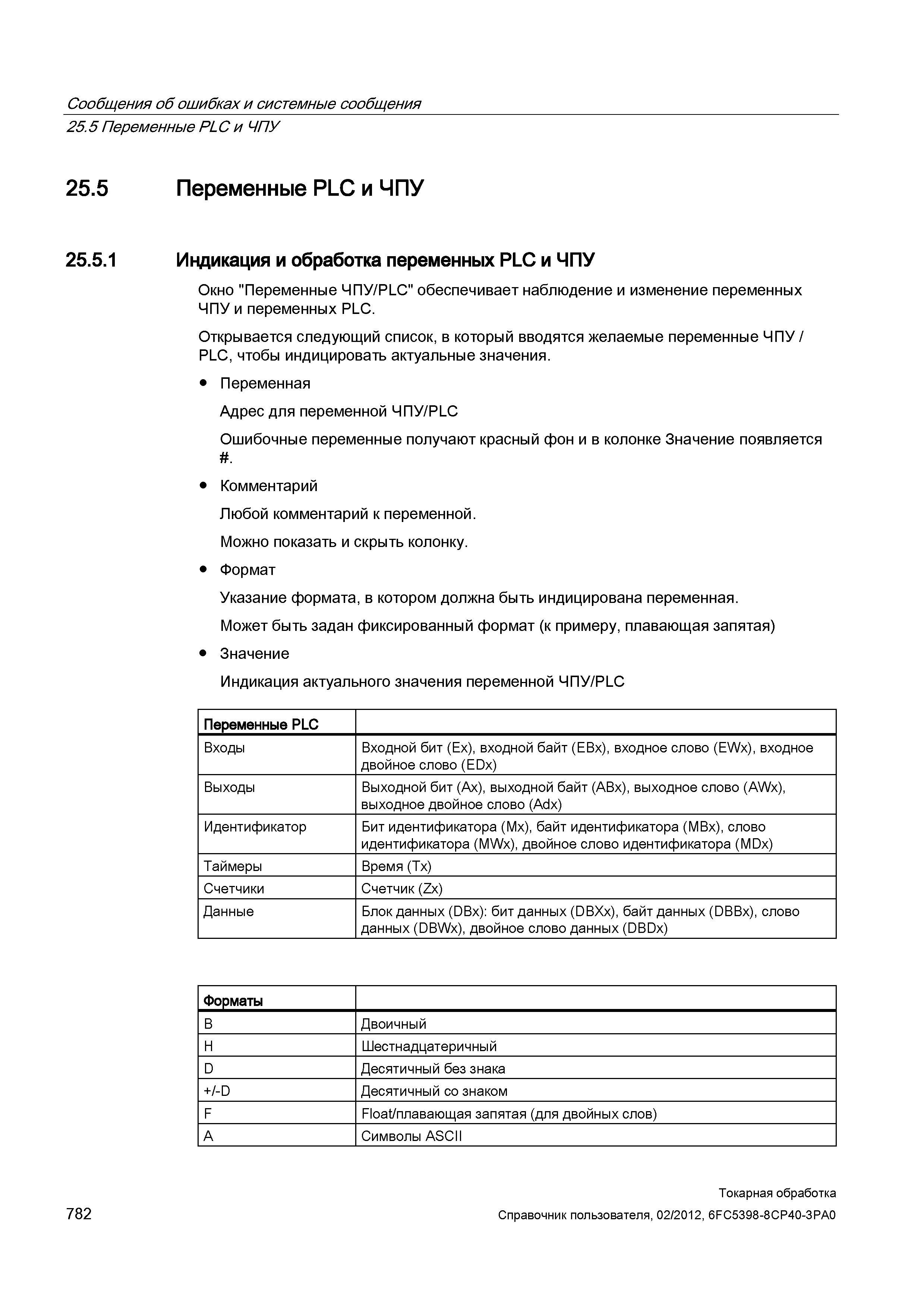 782 Индикация и обработка переменных PLC и ЧПУ Окно Переменные ЧПУ/PLC обеспечивает наблюдение и изменение переменных ЧПУ и переменных PLC Открываетс Справочник пользователя SIEMENS 840D sl 828D SINUMERIK Токарная обработка Системы числового программного управления станками СЧПУ Версия 2012 Стр. 782