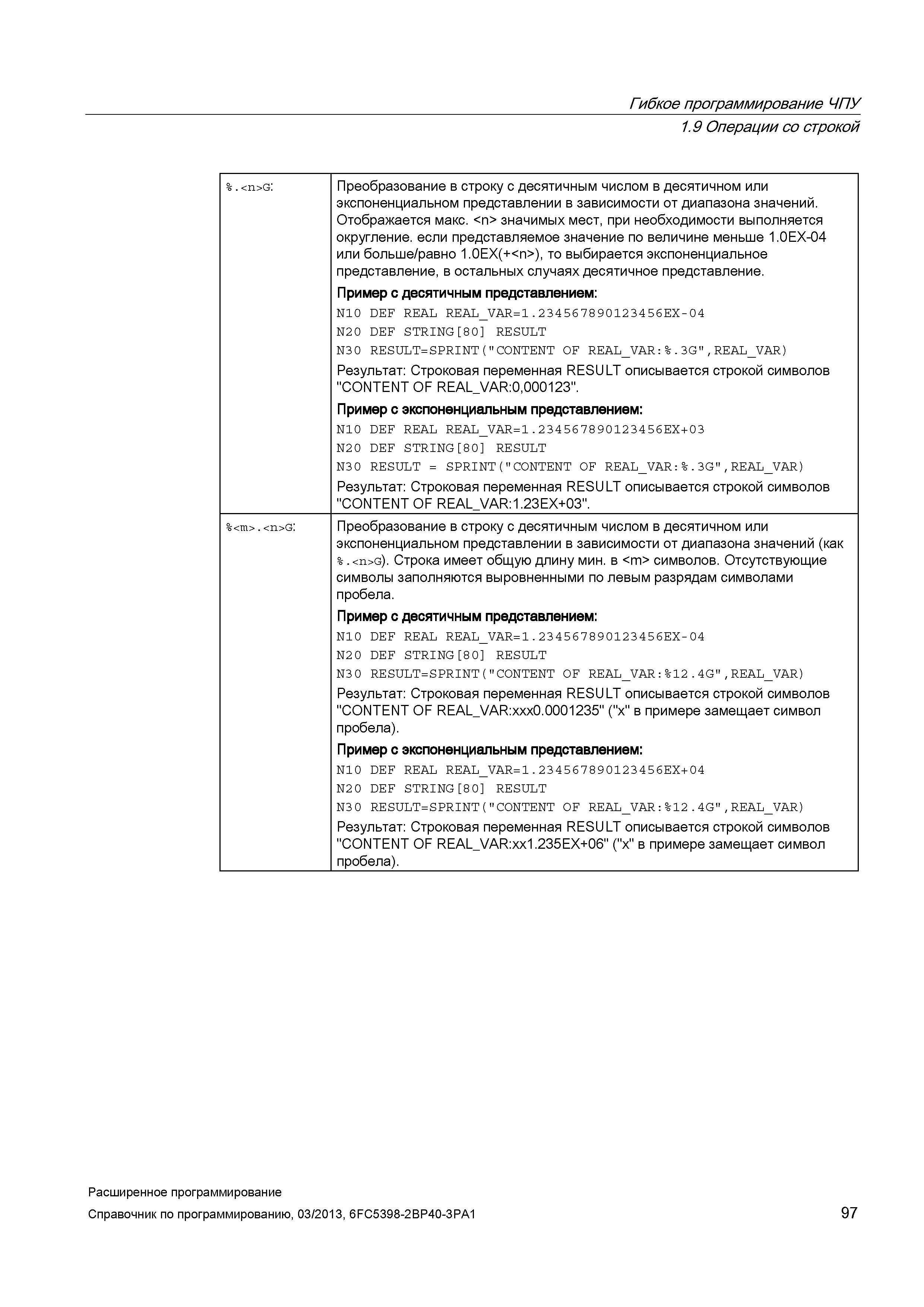 97 Гибкое программирование ЧПУ 1 9 Операции со строкой % <n>G: Преобразование в строку с десятичным числом в десятичном или экспоненциальном представлении в зависимости от диапазона значений Отображается макс <n> значимых мест, при необходимости выполняется округление если представляемое значение по величине меньше 1 0EX-04 или больше/равно 1 0EX(+<n>), то выбирается экспоненциальное представление, в остальных случаях десятичное представление Пример с десятичным представлением: N10 DEF REAL REAL_VA Руководство SIEMENS SINUMERIK 840D sl / 828D Расширенное программирование стоек числового программного управления (ЧПУ) металлорежущих станков вер. 2013 Стр. 97