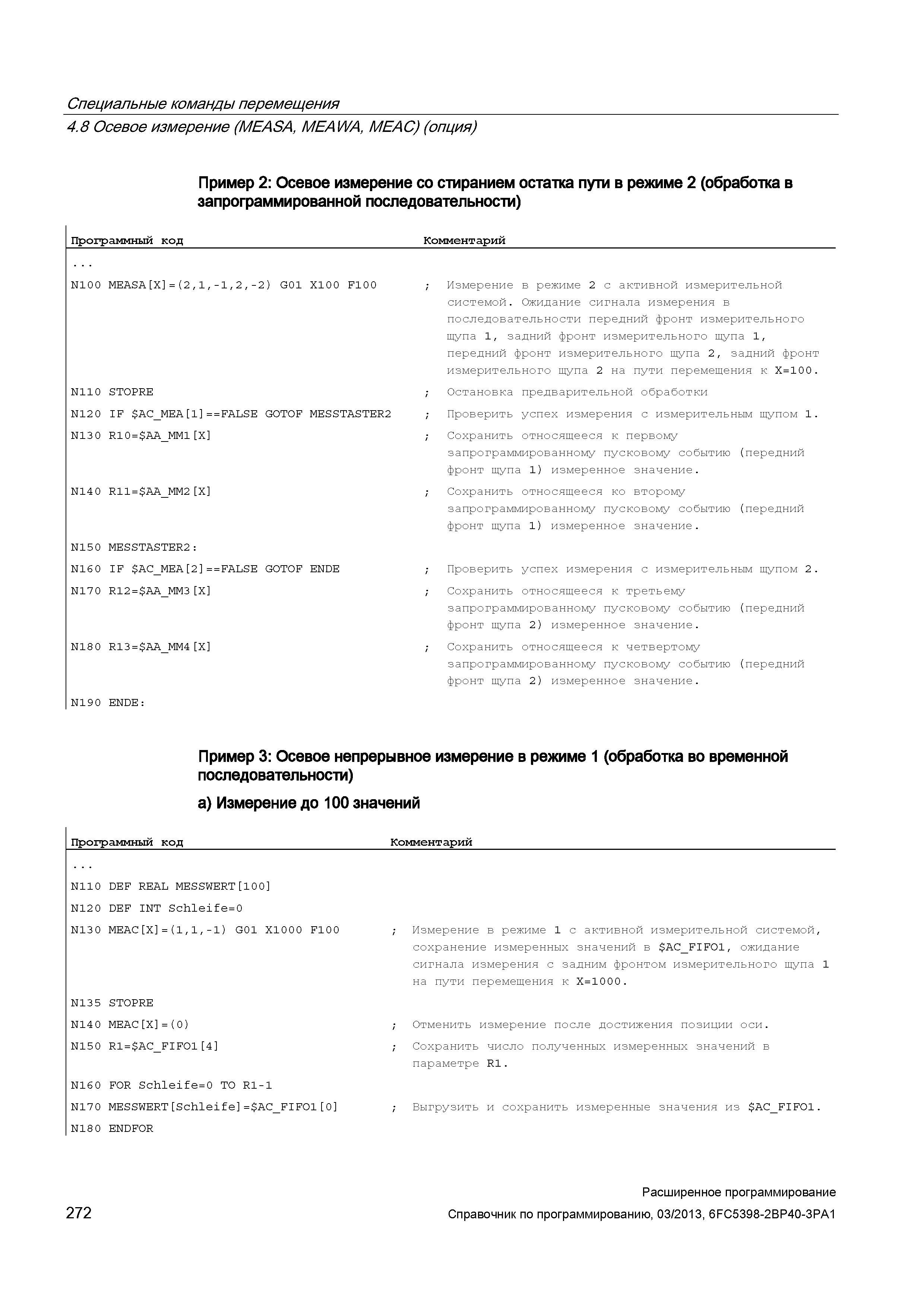 272 Специальные команды перемещения 4 8 Осевое измерение (MEASA, MEAWA, MEAC) (опция) Пример 2: Осевое измерение со стиранием остатка пути в режиме 2 (обработка в запрограммированной последовательности) Программный код Комментарий N100 MEASA X =(2,1,-1,2,-2) G01 X100 F100 N110 STOPRE N120 IF A Руководство SIEMENS SINUMERIK 840D sl / 828D Расширенное программирование стоек числового программного управления (ЧПУ) металлорежущих станков вер. 2013 Стр. 272