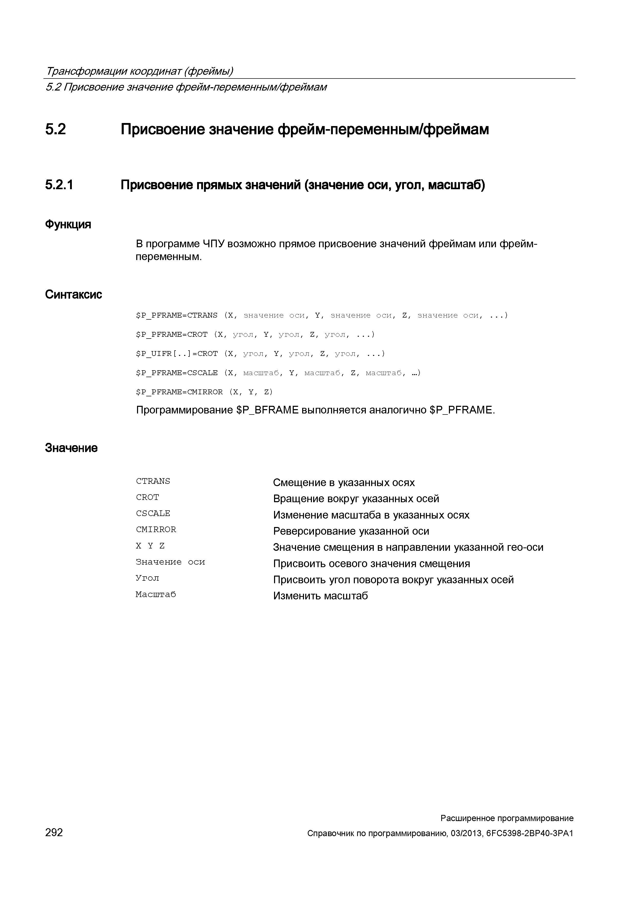 292 Трансформации координат (фреймы) 5 2 Присвоение значение фрейм-переменным/фреймам 5 2 5 2 1 Функция Синтаксис Значение Присвоение значение фрейм-переменным/фреймам Присвоение прямых значений (значение оси, угол, масштаб) В программе ЧПУ возможно прямое присвоение значений фреймам или фрейм-переменным P Руководство SIEMENS SINUMERIK 840D sl / 828D Расширенное программирование стоек числового программного управления (ЧПУ) металлорежущих станков вер. 2013 Стр. 292